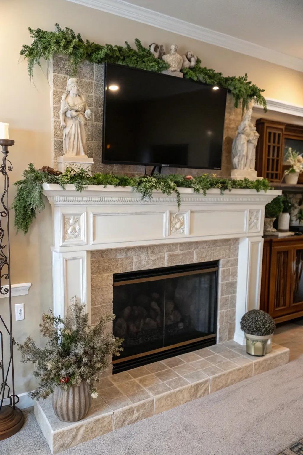 A mantel decorated with greenery and sculptures beneath a TV.