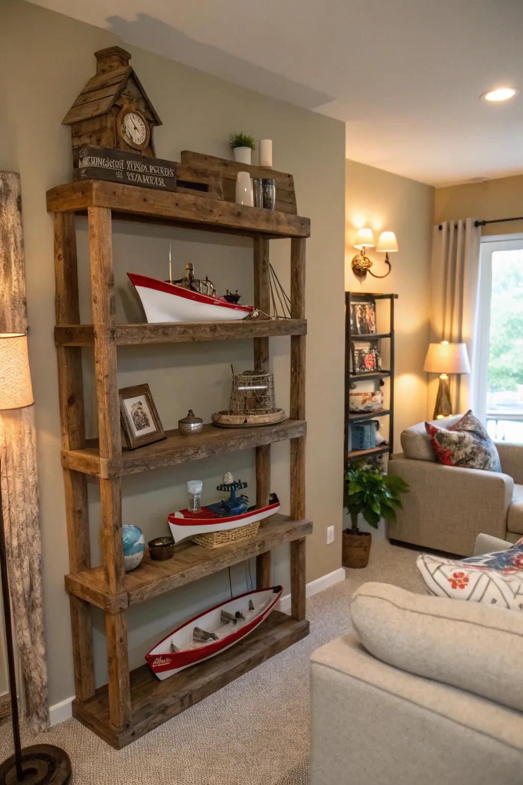 Reclaimed wood shelves perfectly showcase fishing decor.