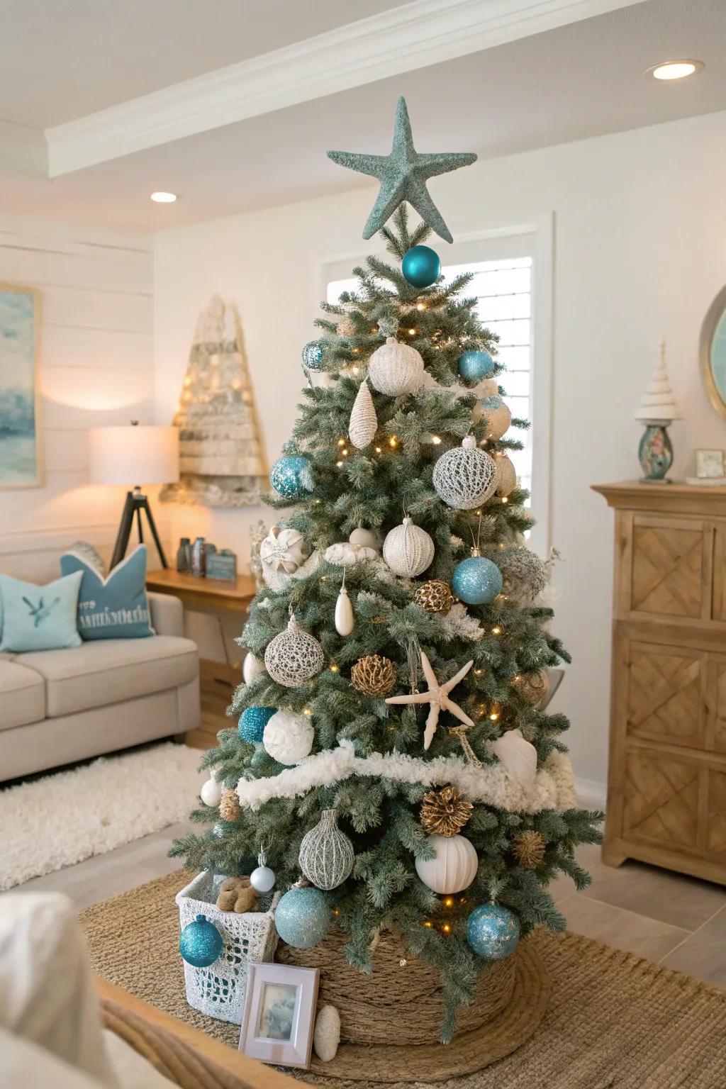 A coastal-themed flocked Christmas tree with sea-inspired decorations.