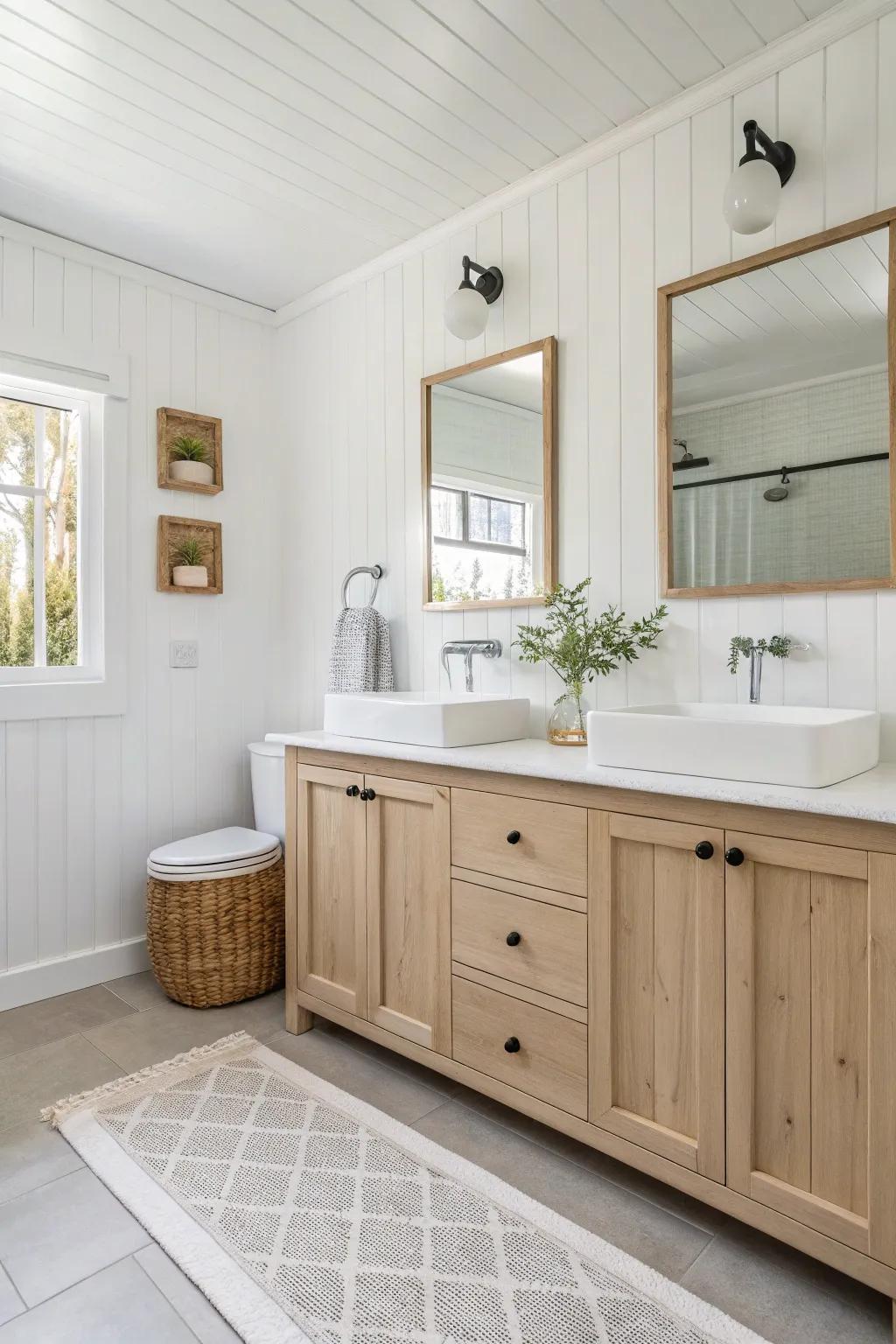 White and light tones make a bathroom feel open and airy.