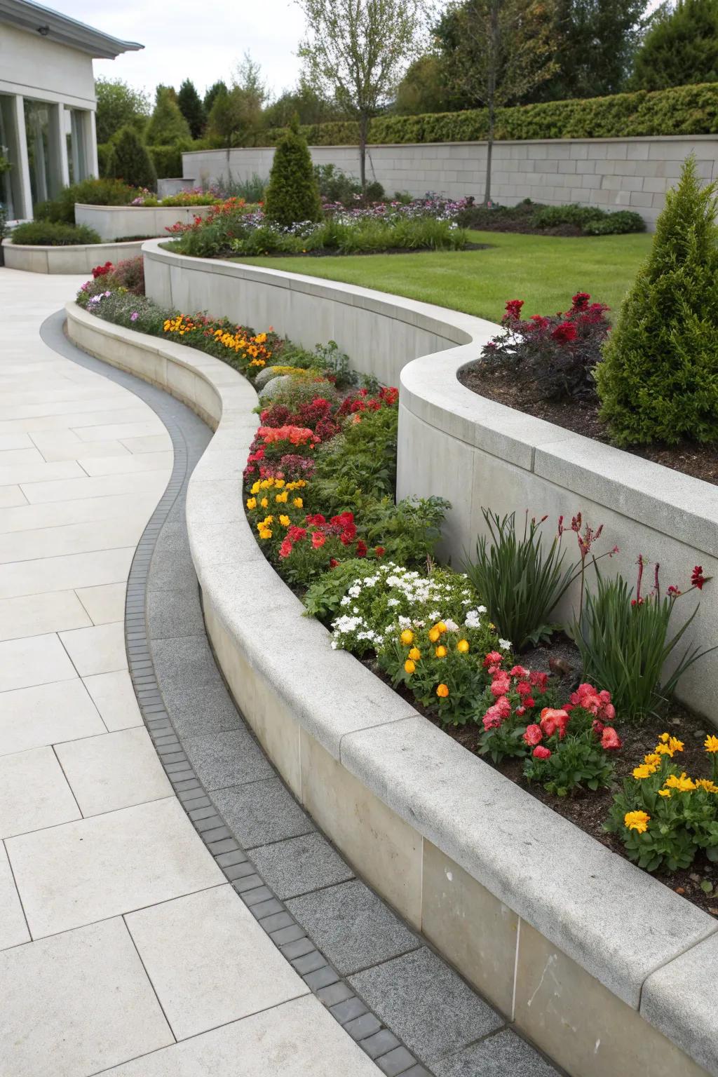 Curved concrete borders add a modern twist to flower beds.