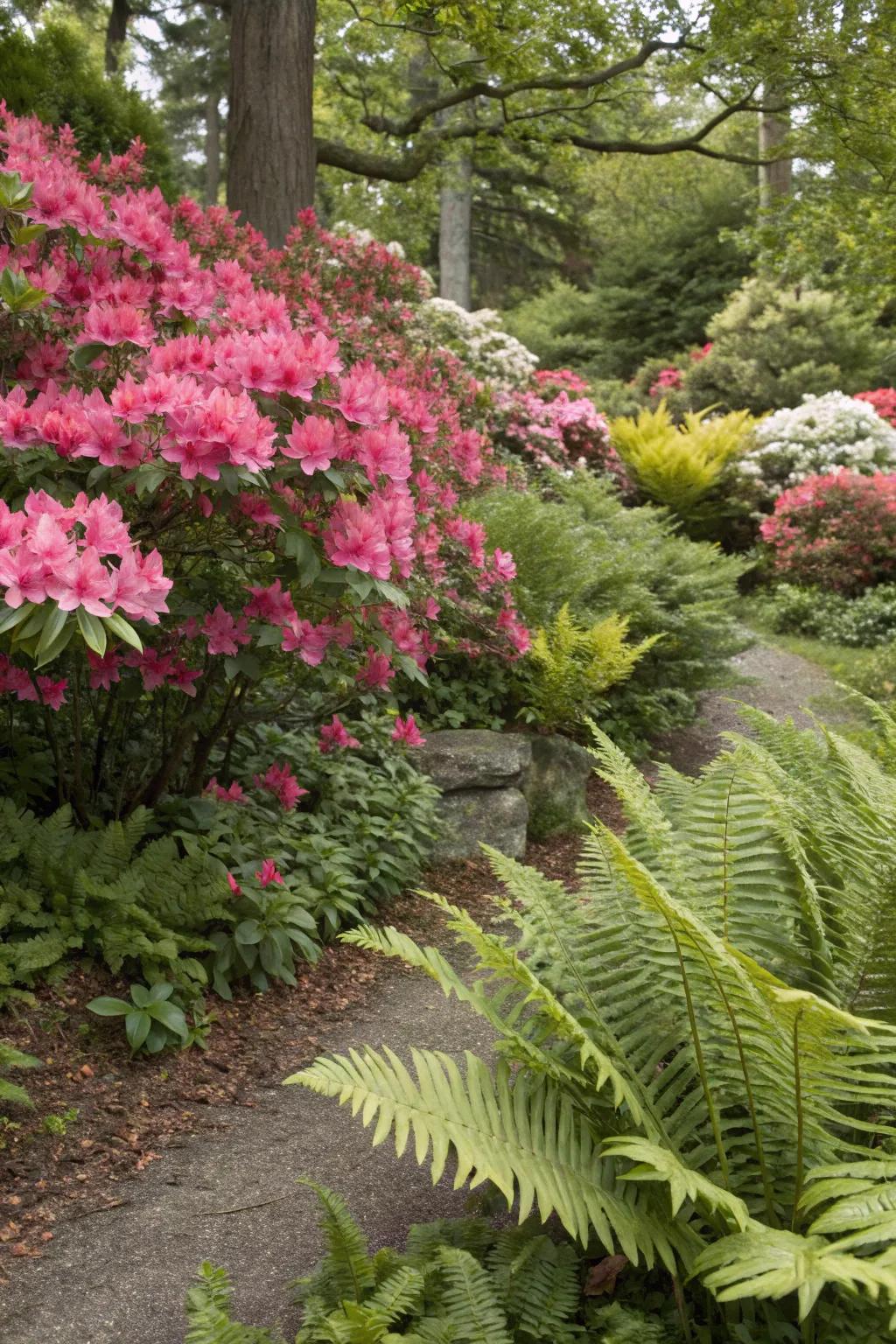 Create depth and texture with azaleas and complementary foliage.