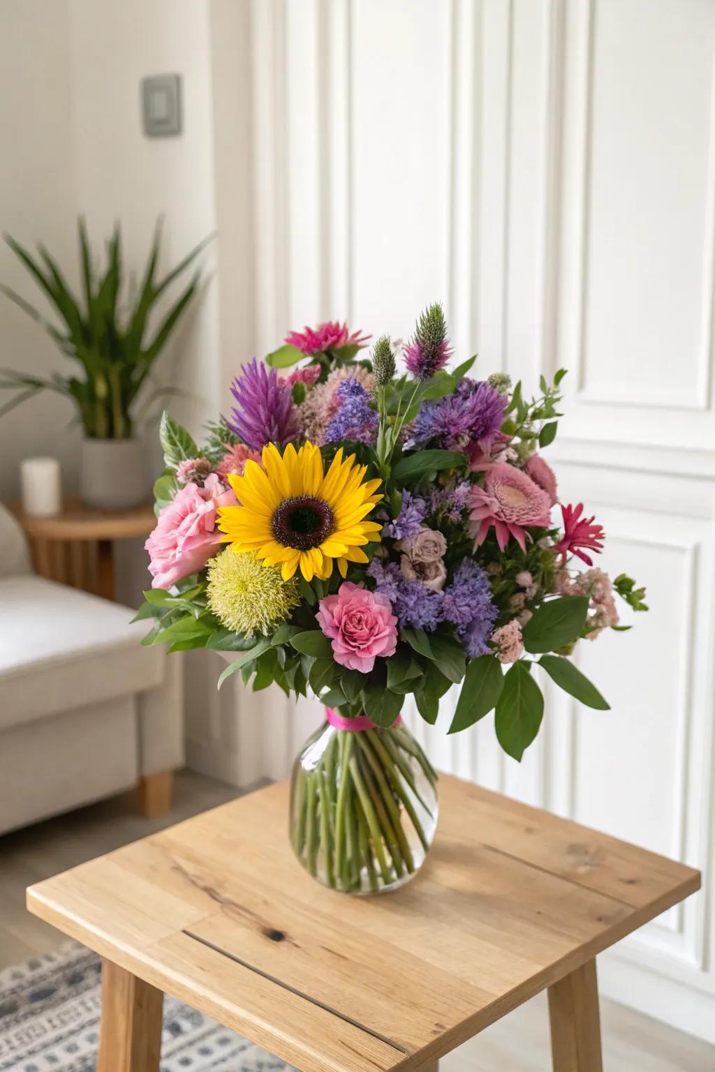 A rich and diverse floral arrangement perfect for a birthday.