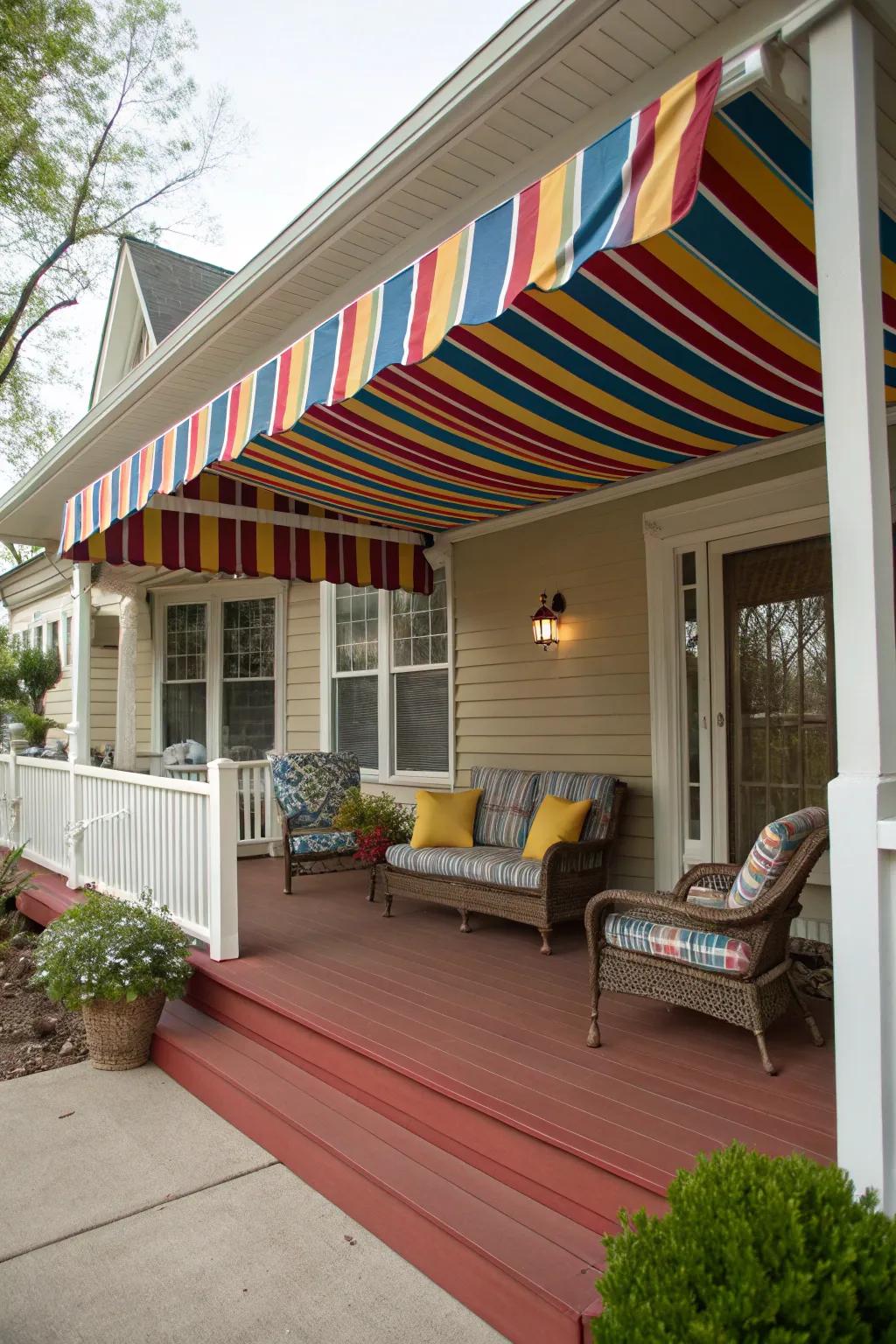 Canvas awnings in bold patterns inject fun into your porch design.