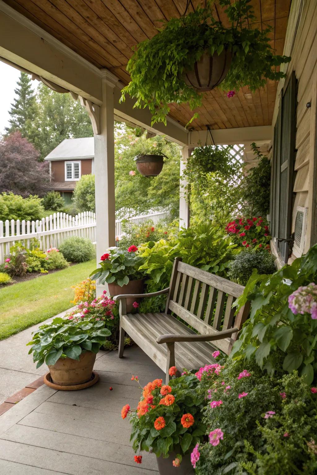 Lush greenery enhances the natural appeal of this porch bench.