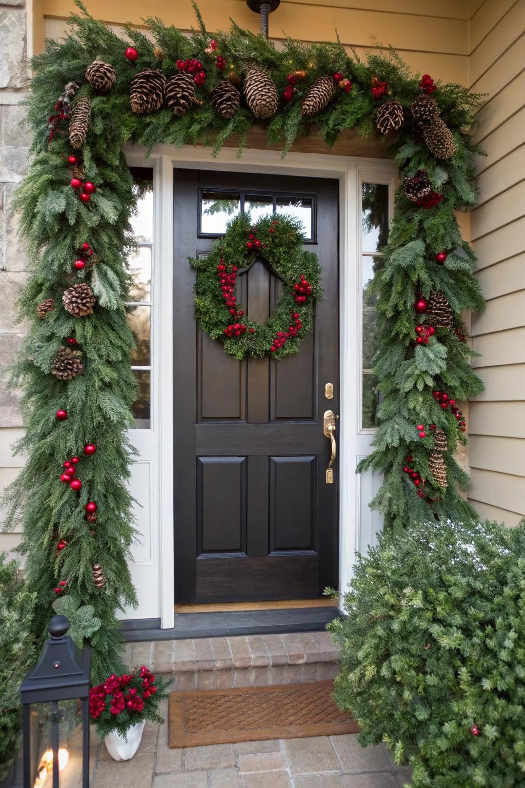 Evergreen garlands create a lush festive frame for your door.