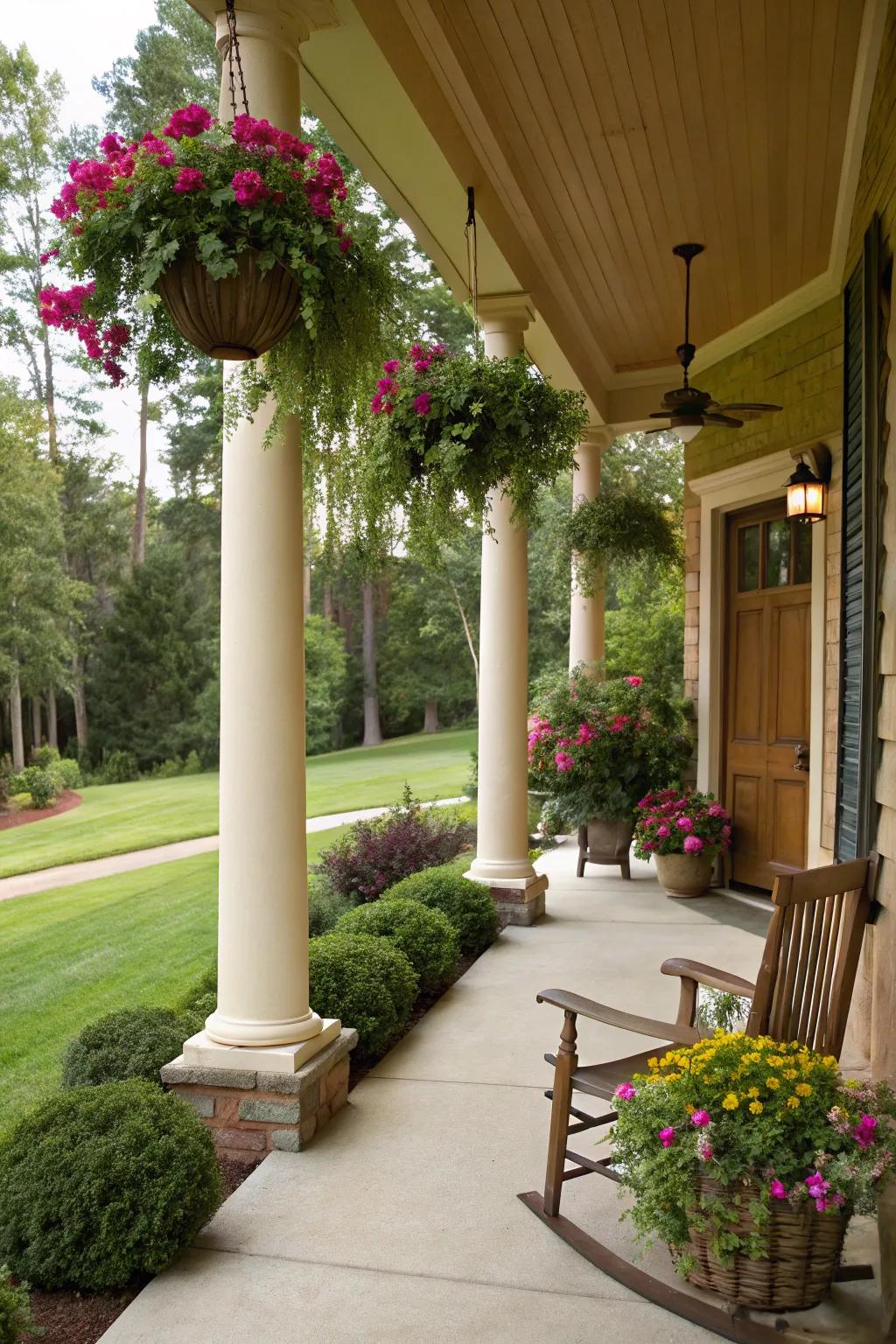 Hanging baskets on columns enhance your porch with vibrant greenery.