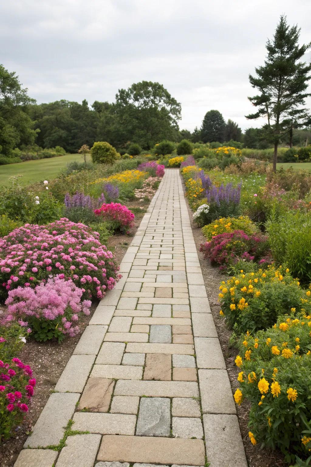 Flagstone walkways blend naturally with vibrant gardens.