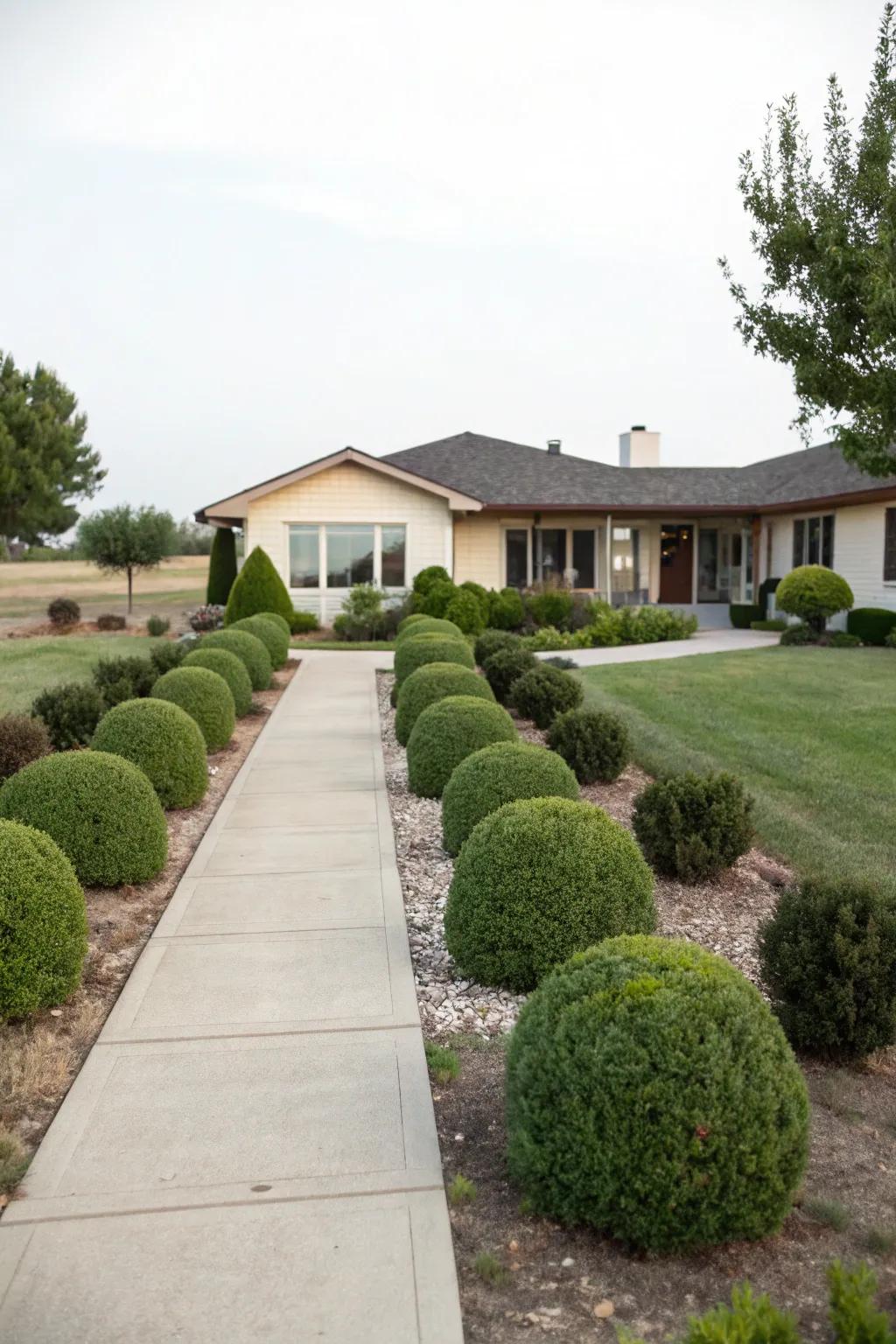 Symmetrical shrubbery complementing the ranch home's design