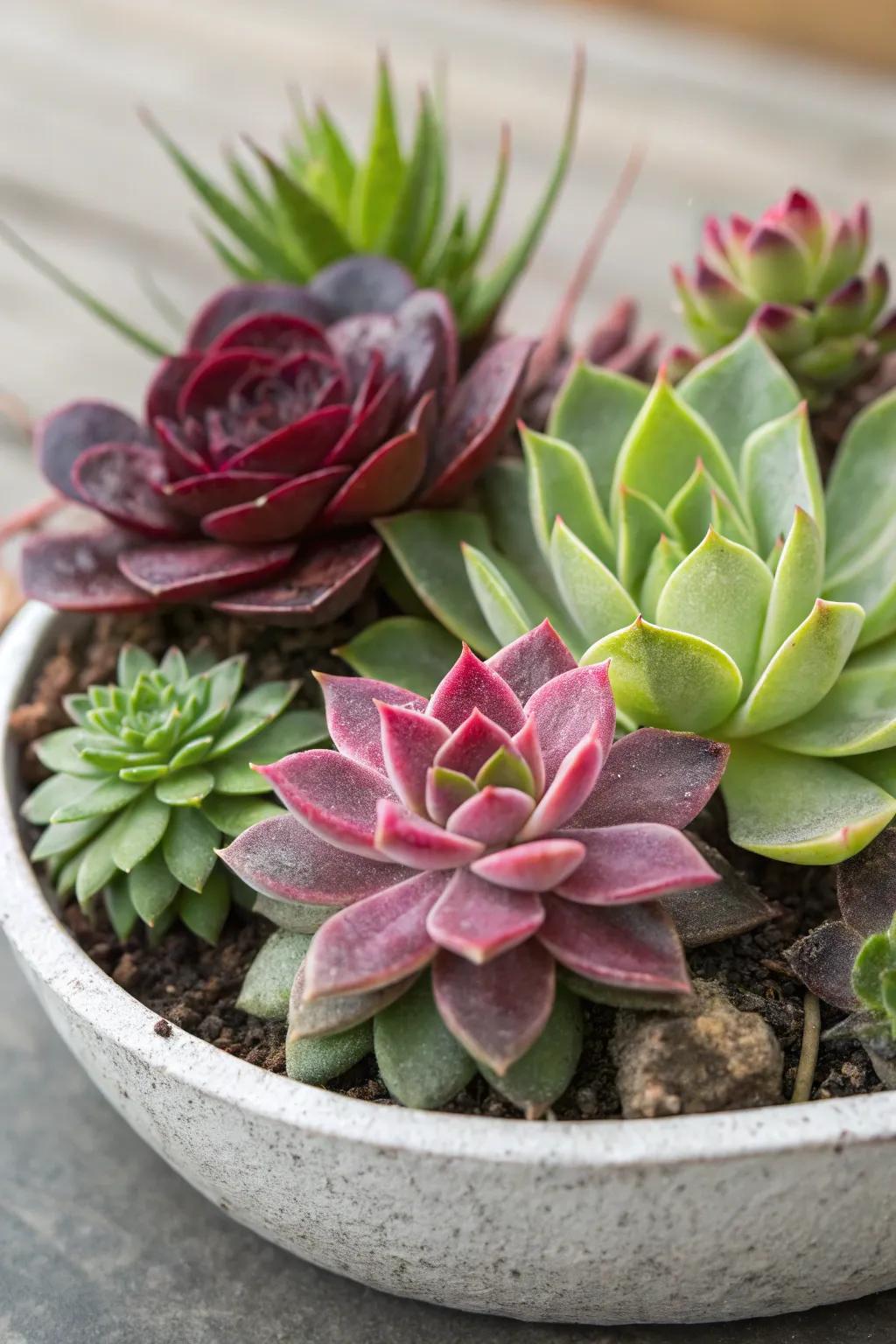 A diverse mix of succulents adds visual interest.