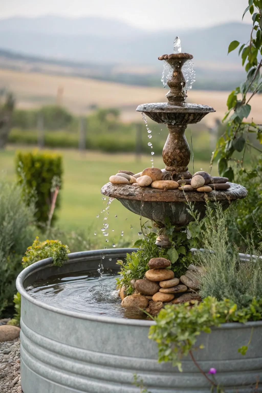 A tiered fountain with pebbles creates a soothing garden feature.