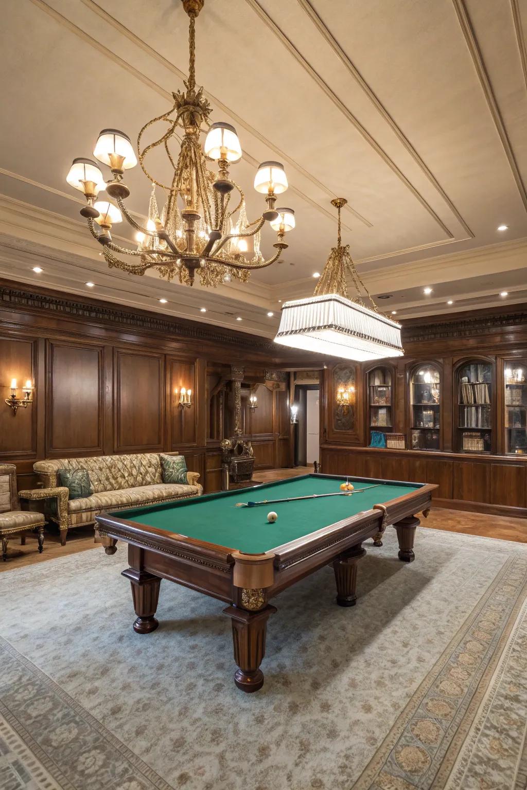 A classic touch with a billiard table as the focal point.