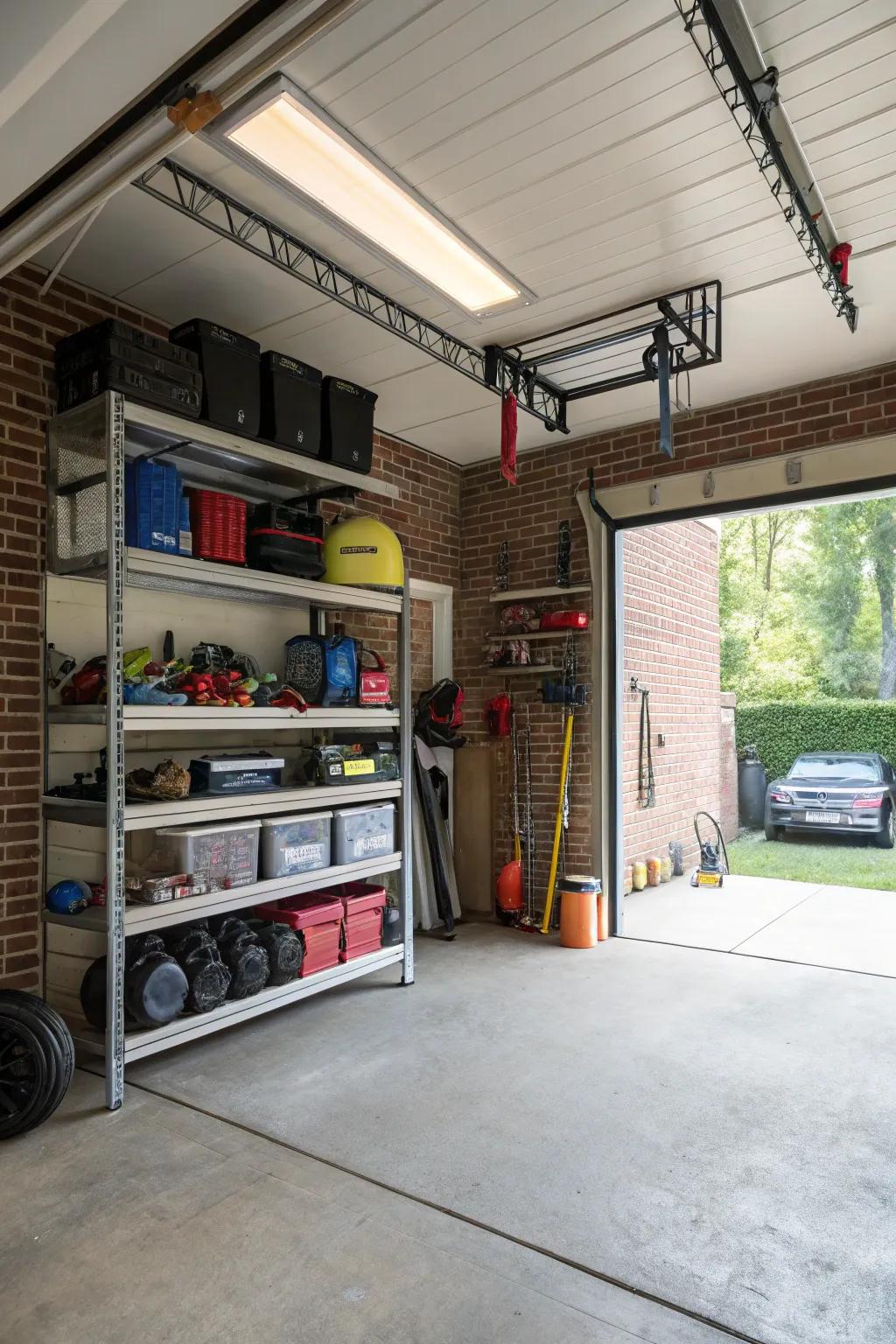 Utilize overhead racks for efficient storage solutions.