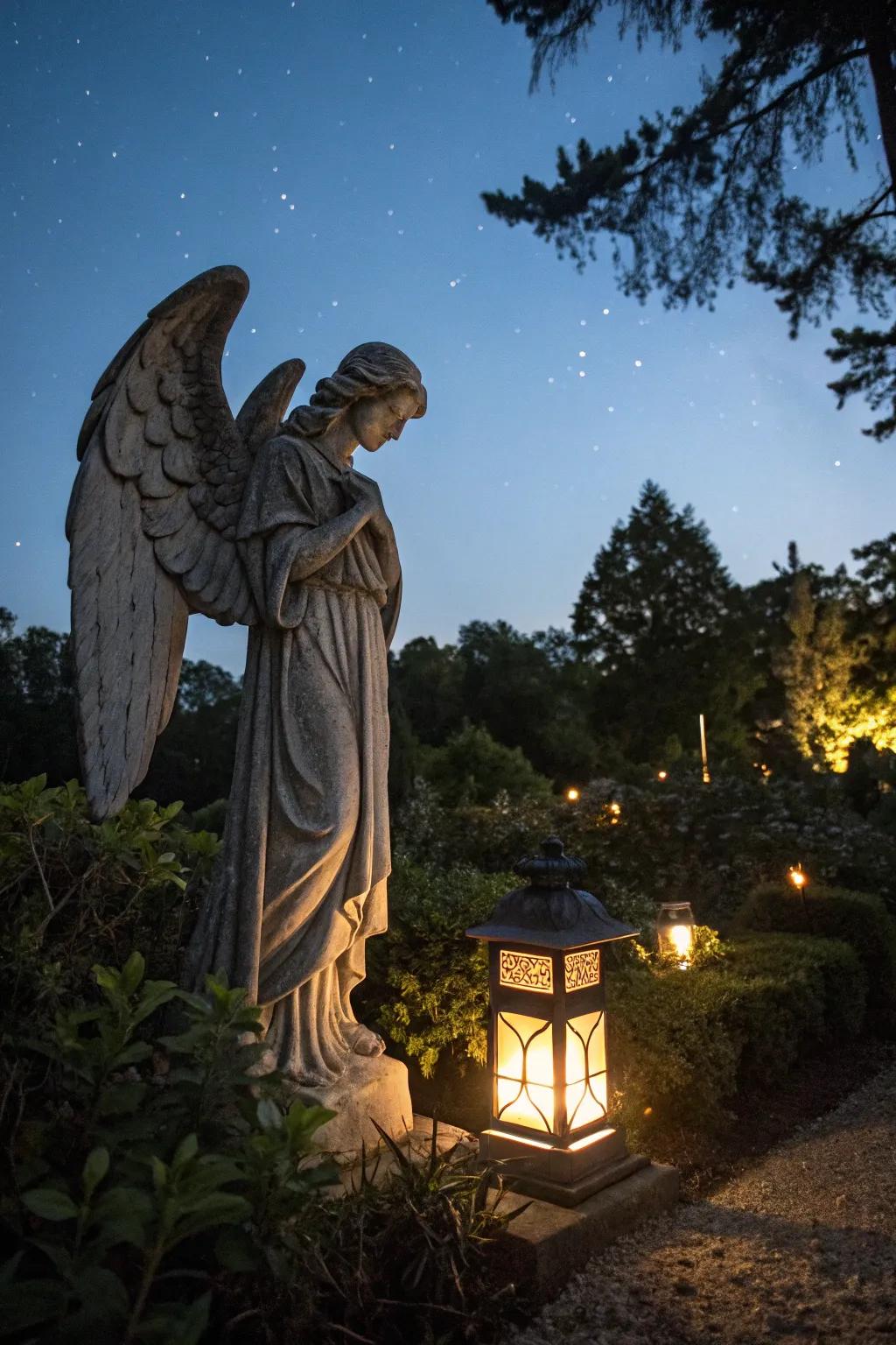 Angel with lantern casting a warm glow in the garden.