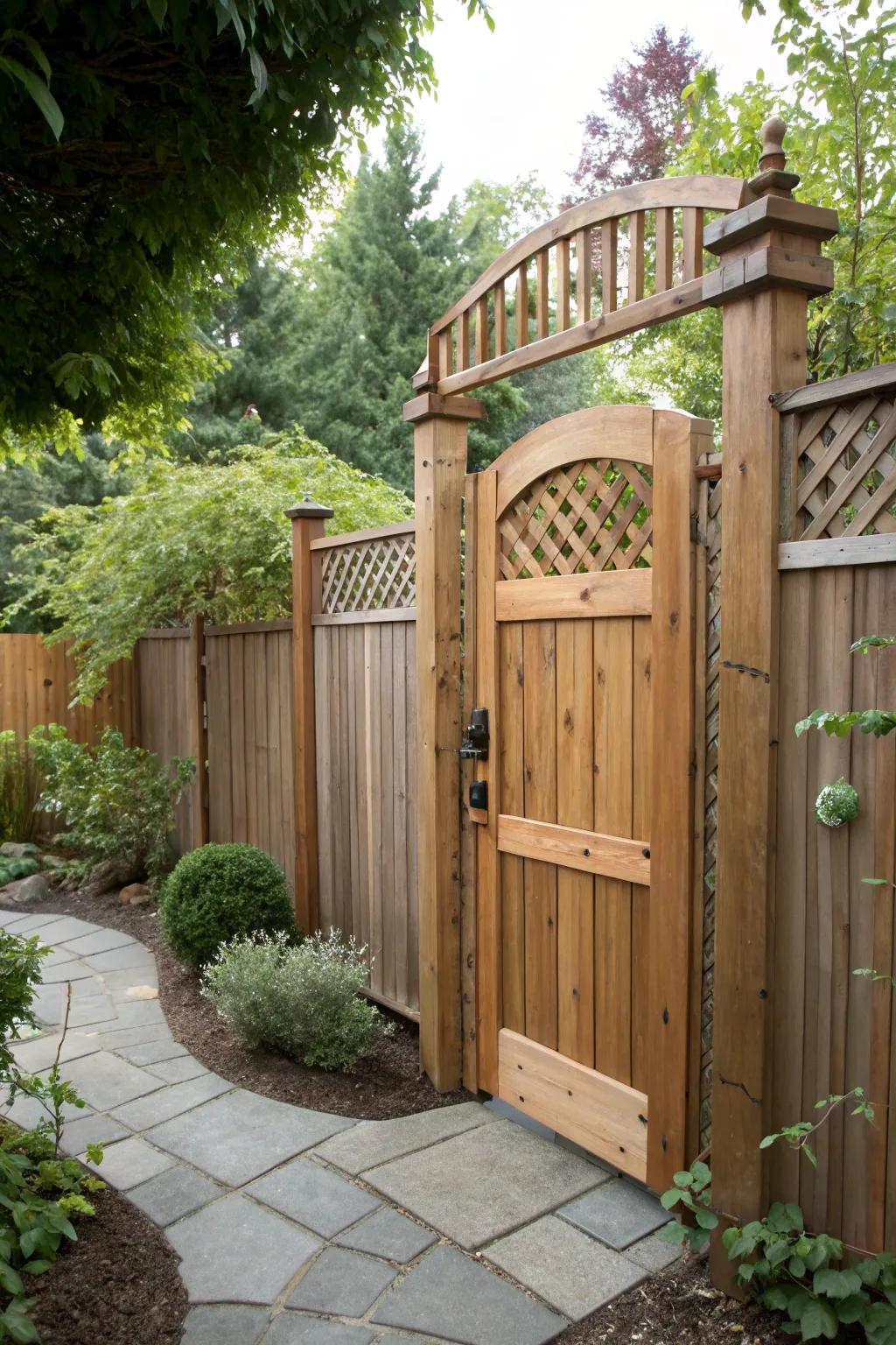 Solid wooden gate ensures privacy in your garden retreat.