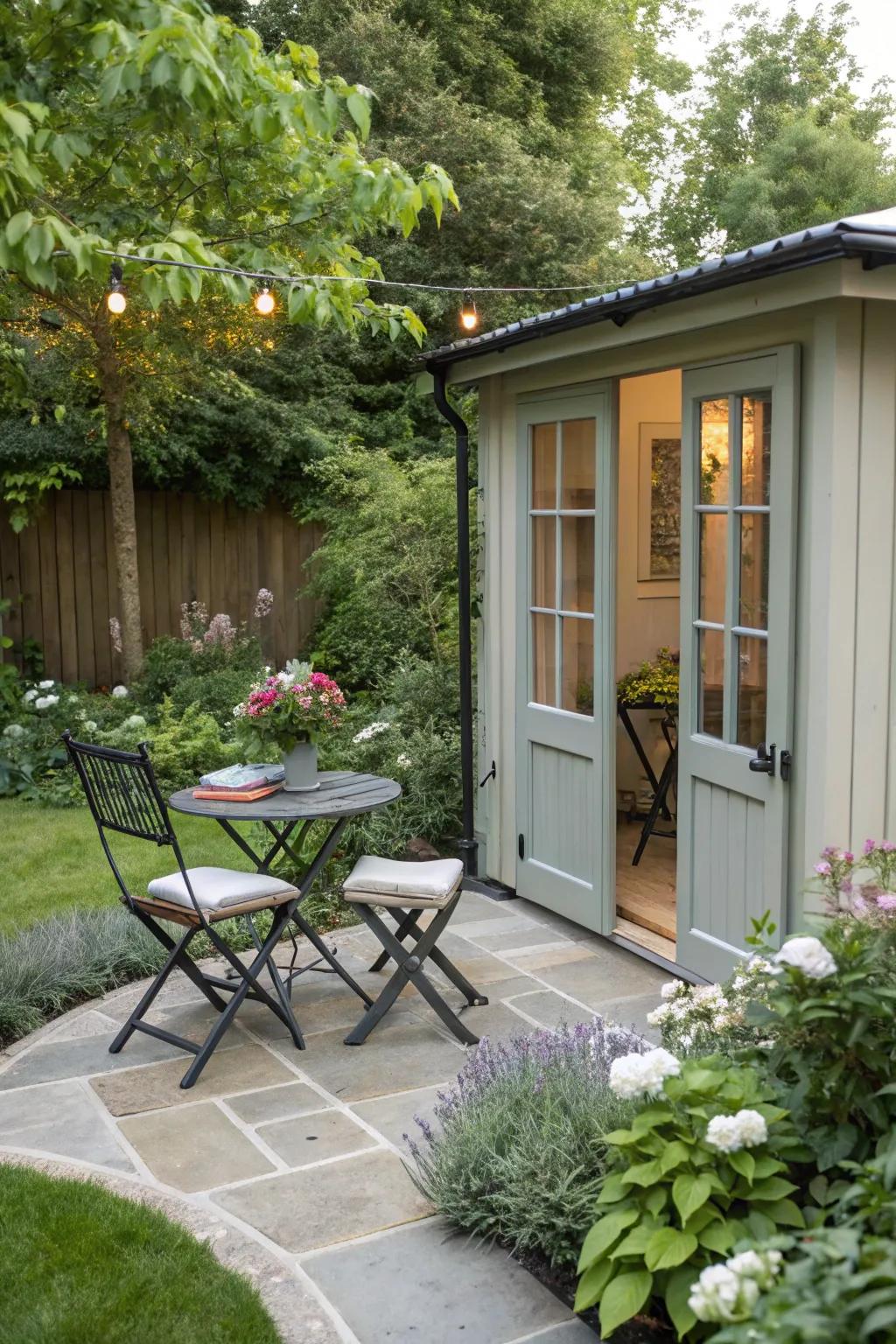 An inviting outdoor seating area, perfect for enjoying breaks in the garden.