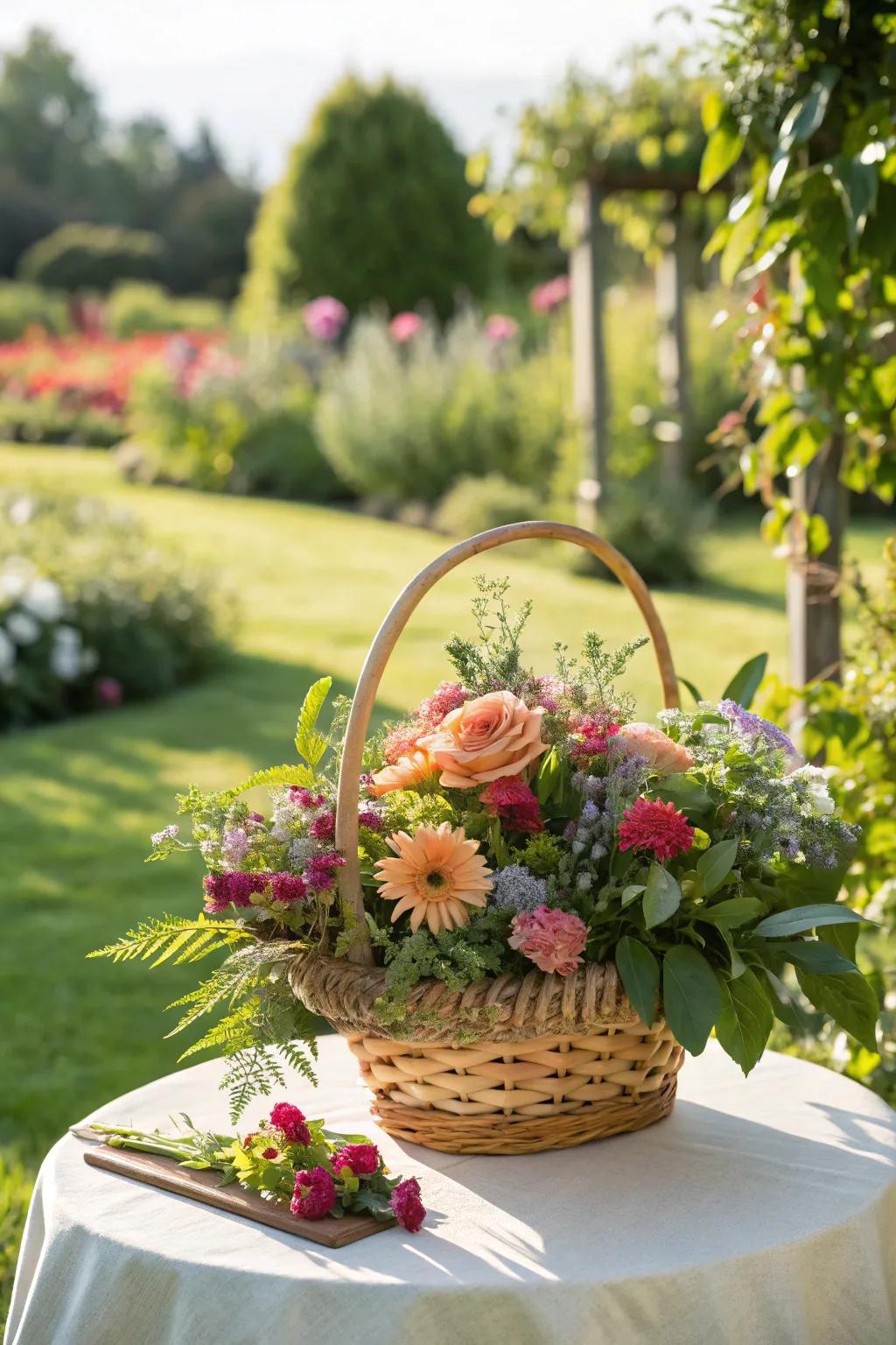 A gift basket adorned with fresh flowers for a natural touch.