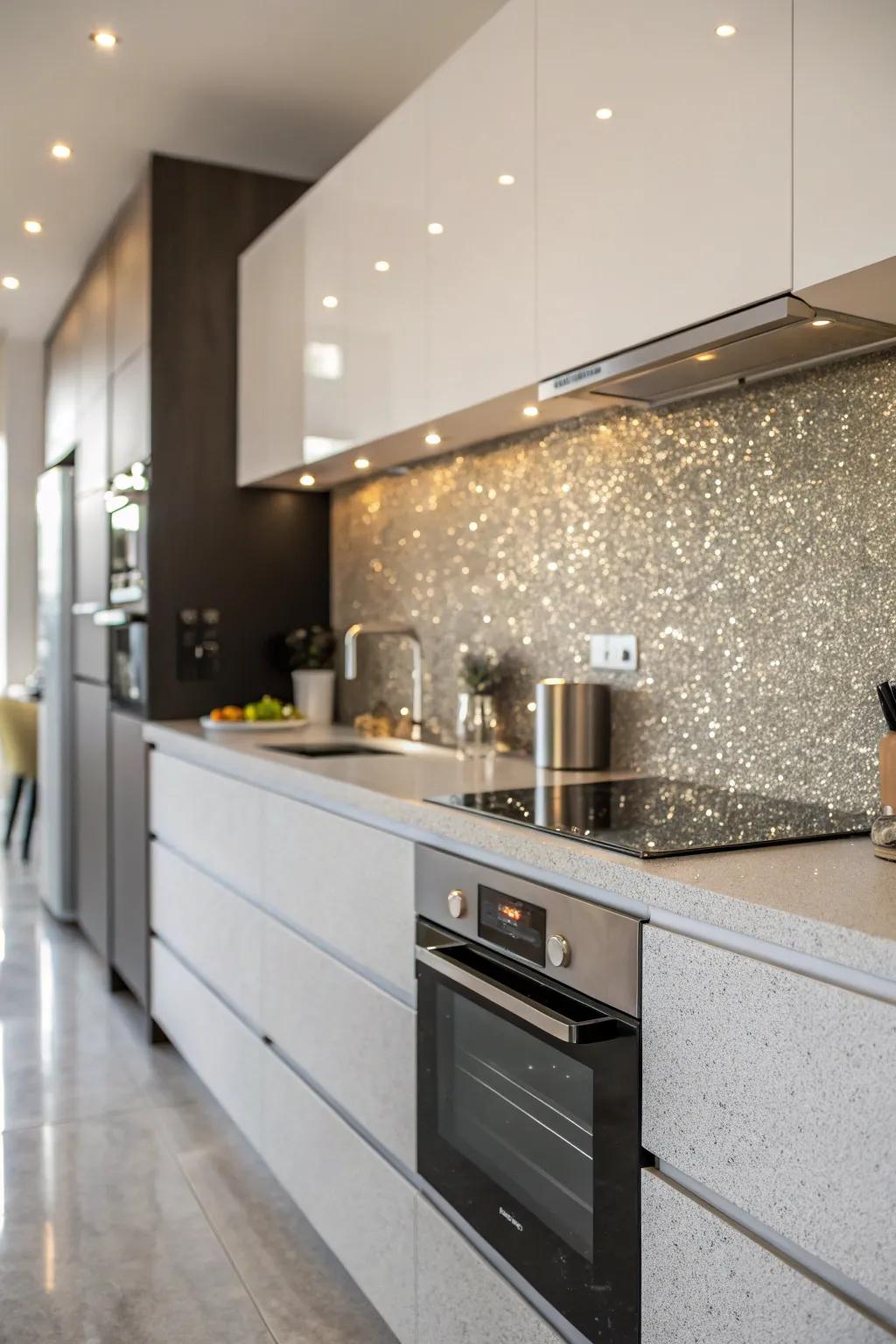 A glitter accent wall brings sparkle to a kitchen.