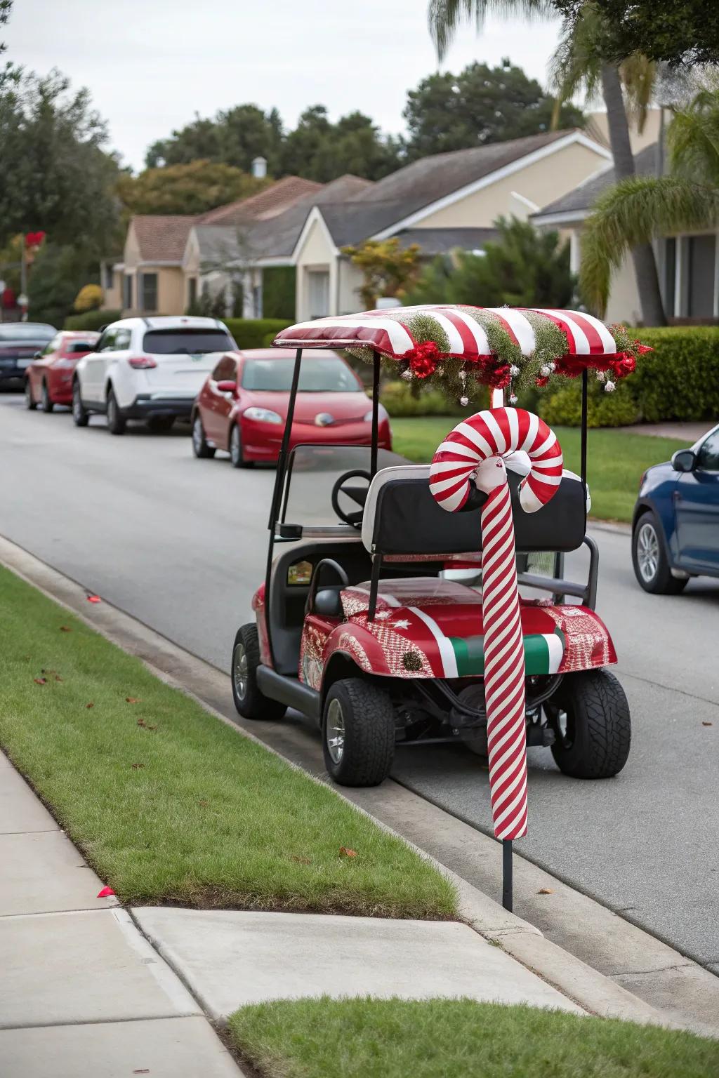 A golf cart that turns heads with its candy cane theme.