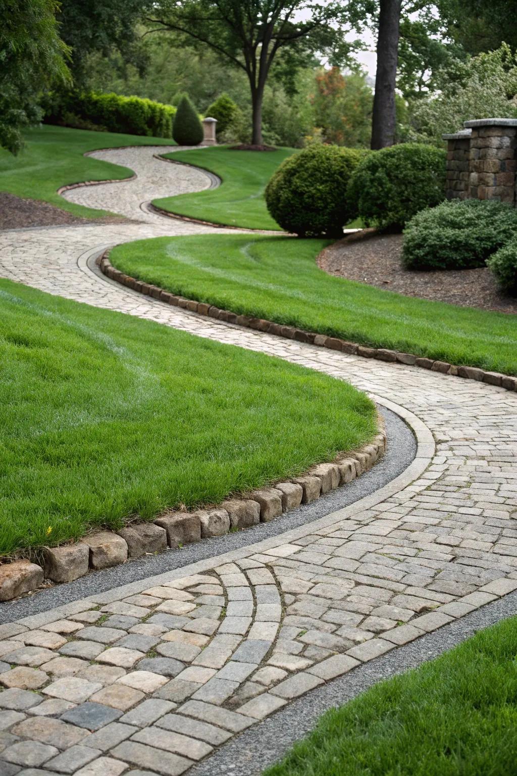 Curved pathways of grass add a whimsical touch to the driveway.