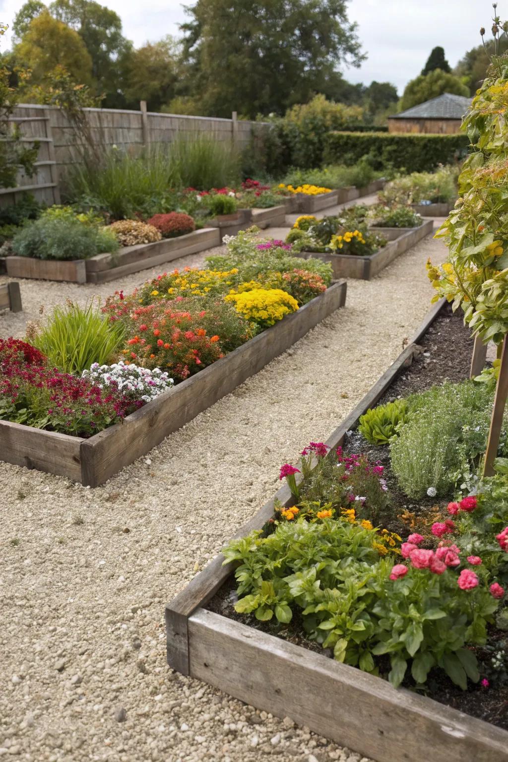 Raised flower beds filled with gravel and vibrant plants