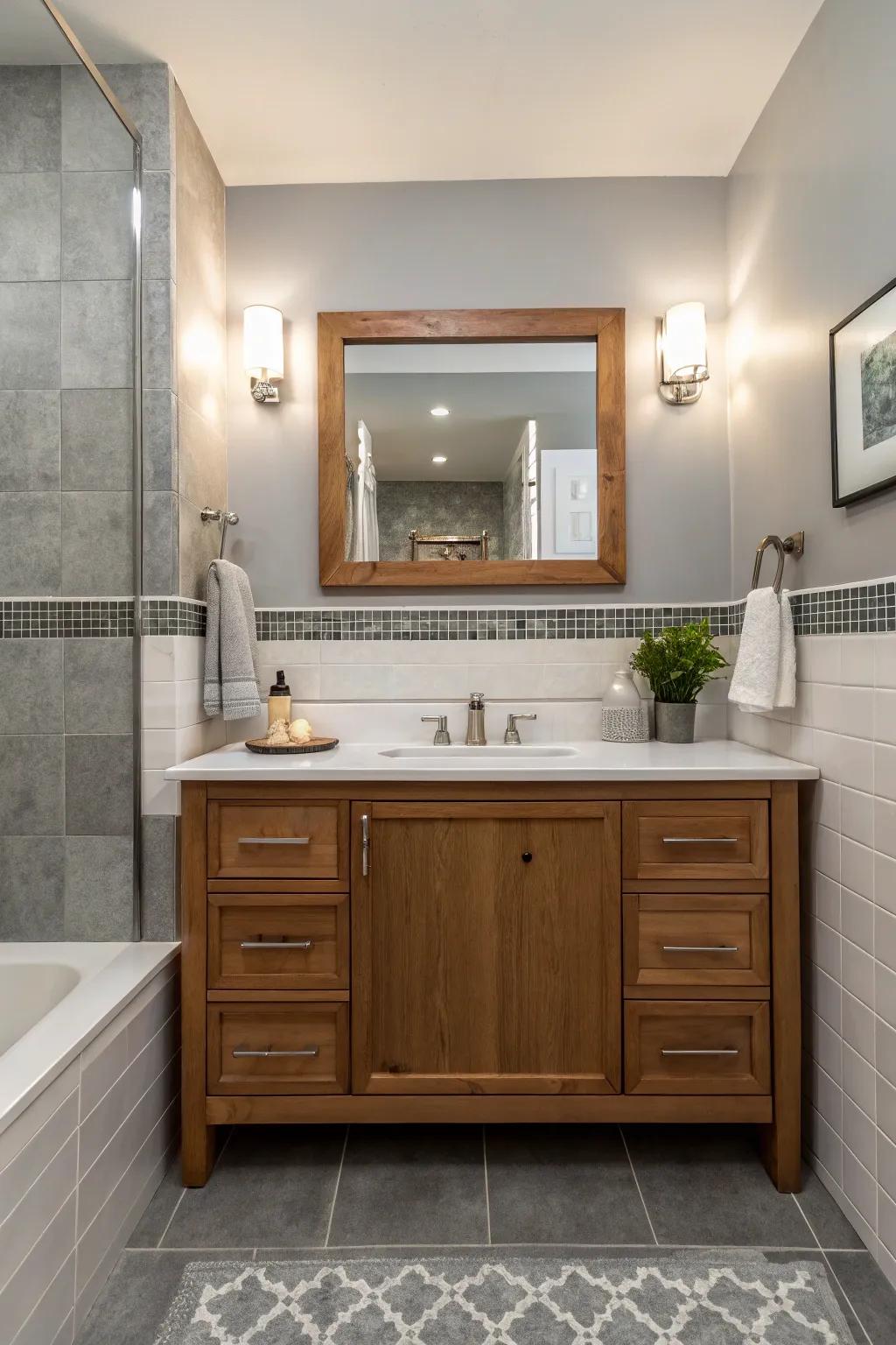 Wood accents add warmth to this gray and white bathroom.