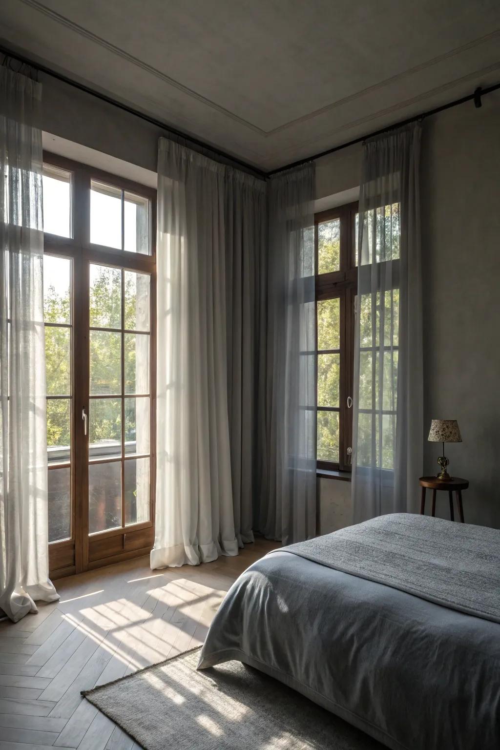 Natural light enhances the calming feel of a gray bedroom.