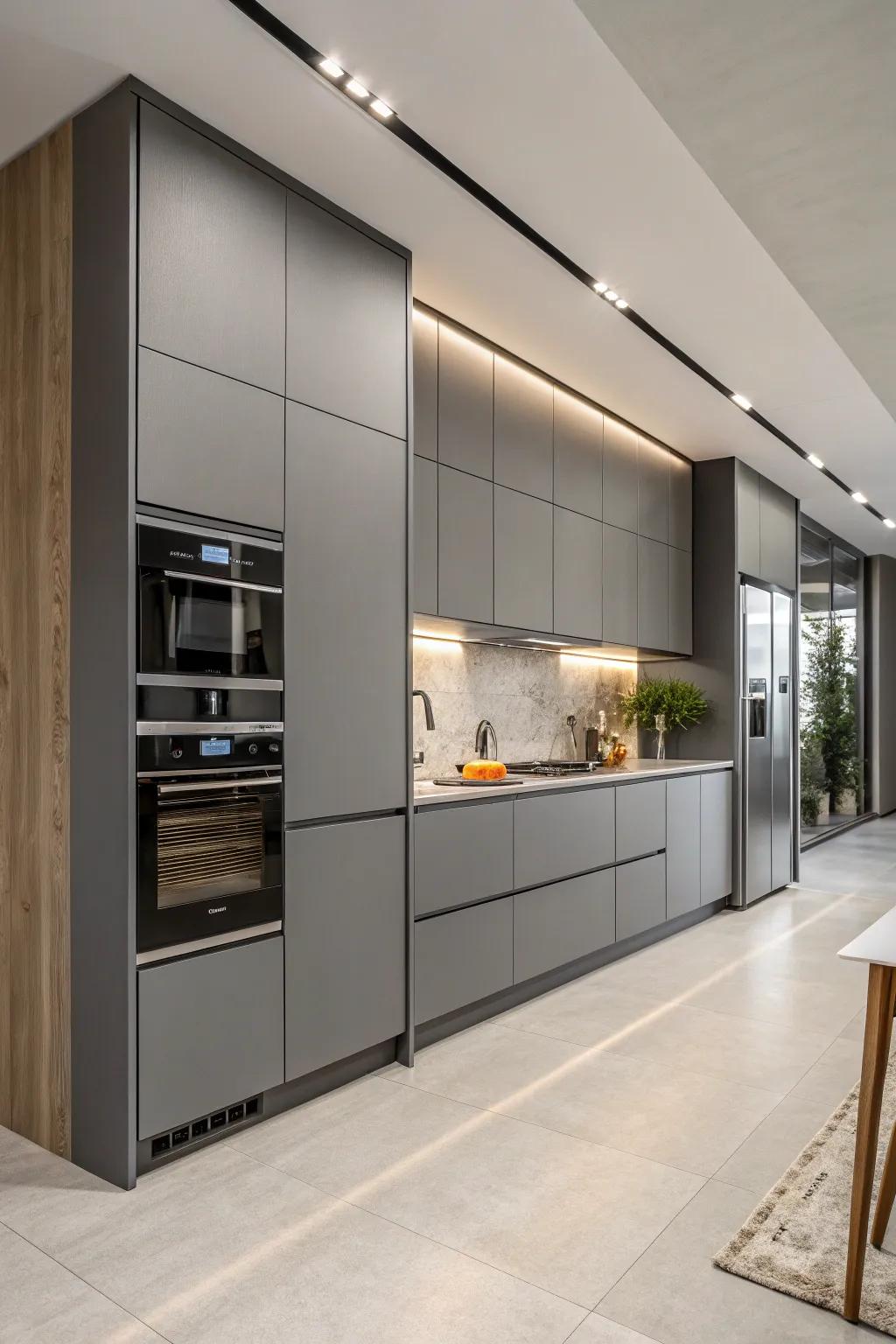 Integrated appliances create a seamless look with gray cabinets.