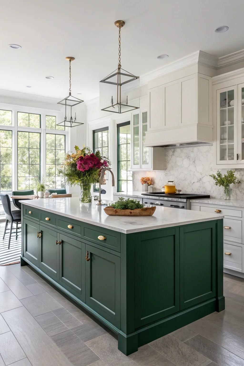 A green kitchen island adds a chic pop of color.