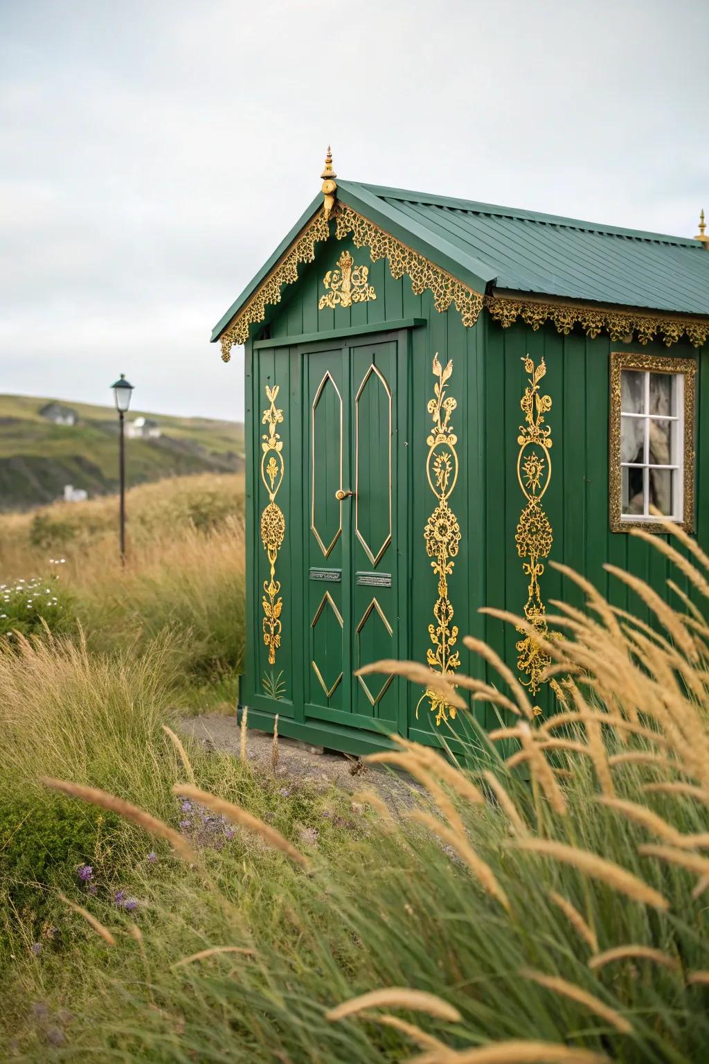 An emerald green shed adds a touch of luxury to any garden.