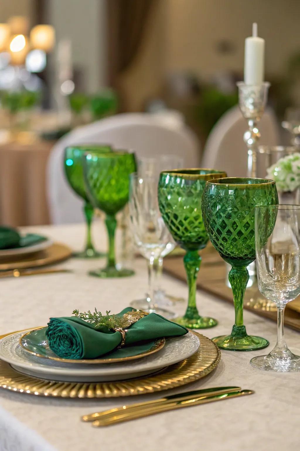 Green-tinted glasses adding unique charm to the table.