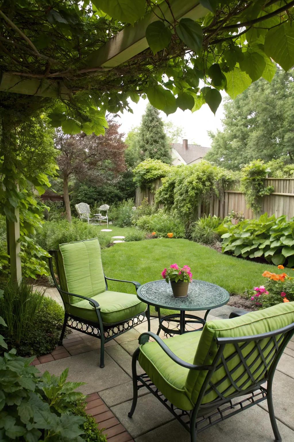 A backyard getaway with green furniture.