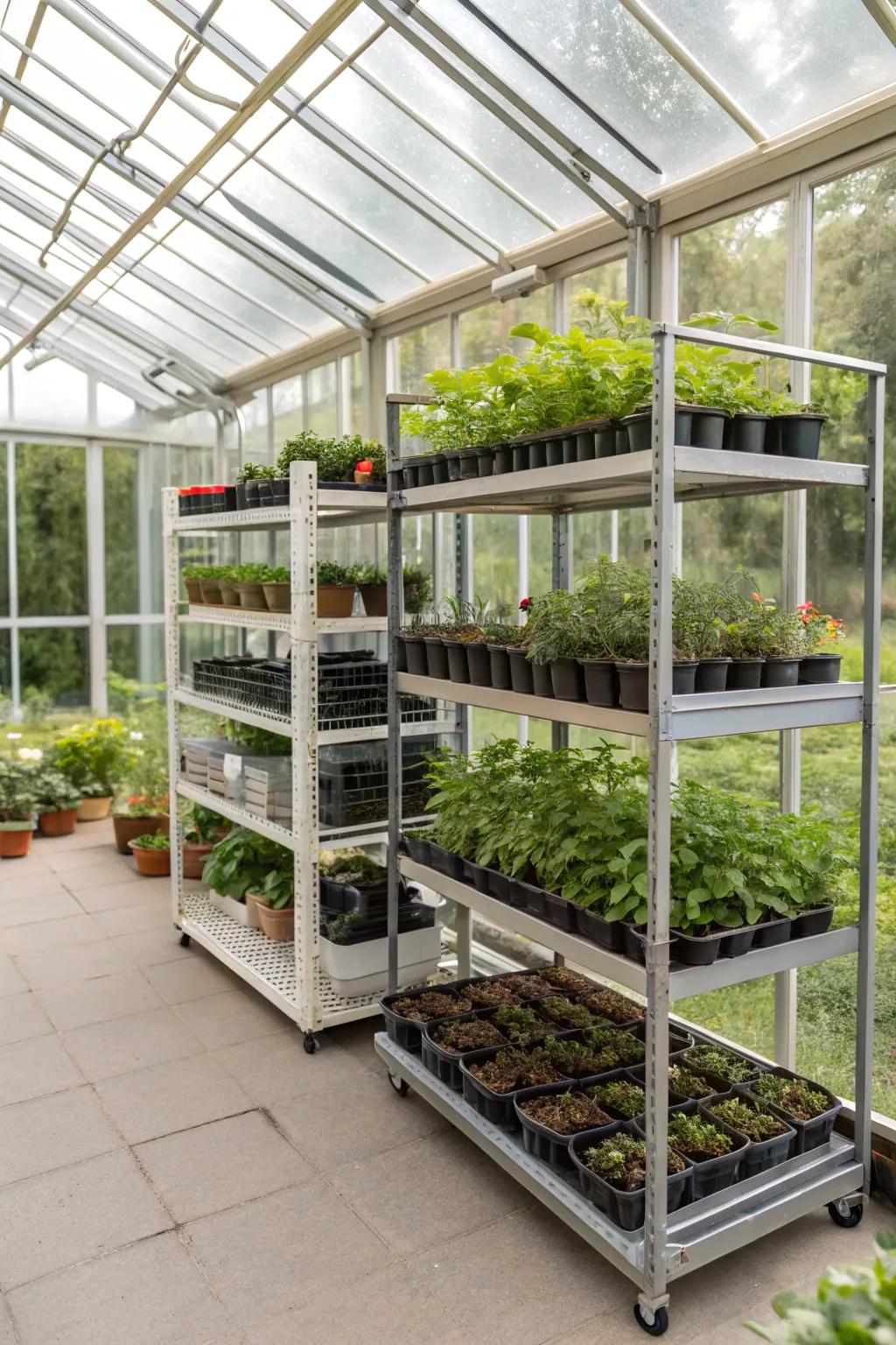 Versatile adjustable shelves for dynamic plant needs.