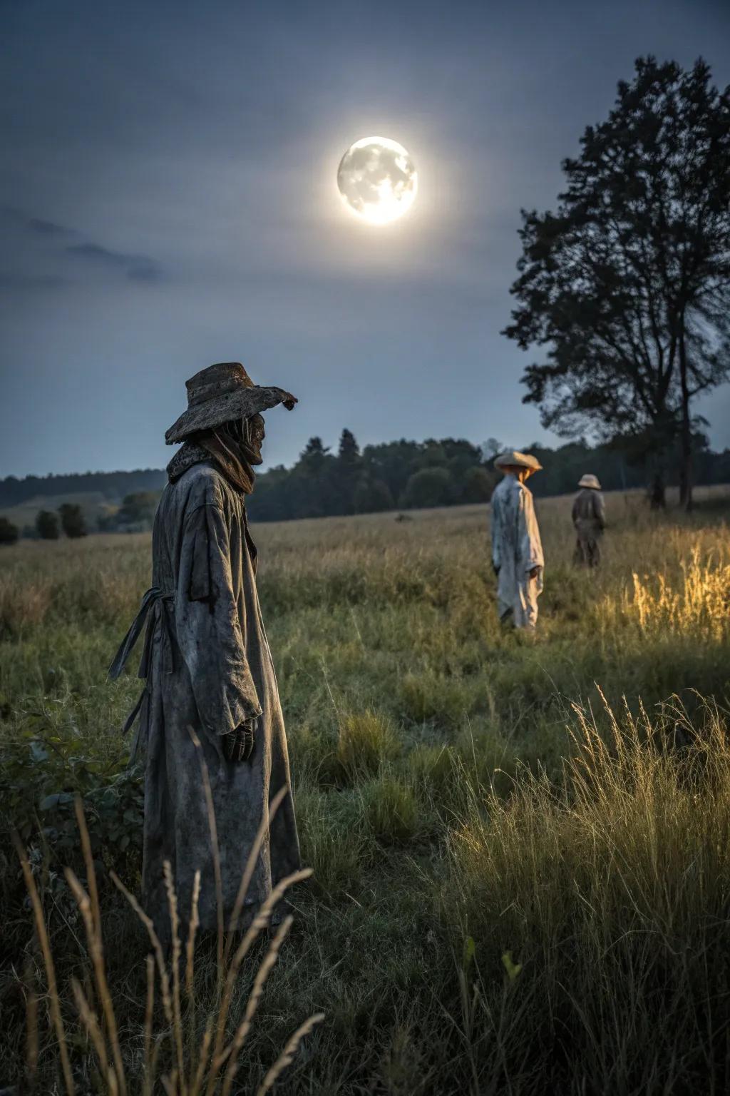 Silent scarecrows standing vigil under the moonlight.