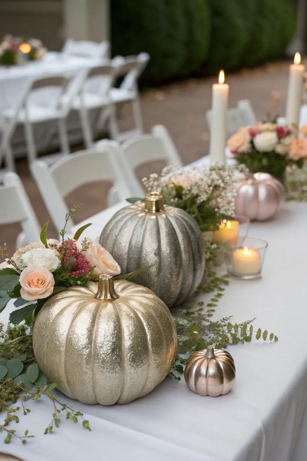 Pumpkins bring a touch of autumn whimsy to your wedding decor.