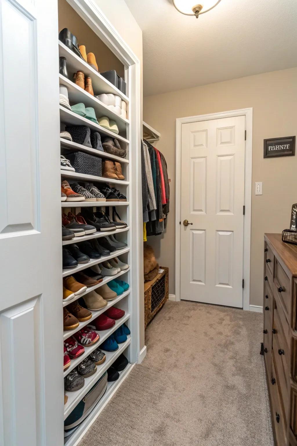 A shoe rack in a hallway closet for organized and accessible footwear.