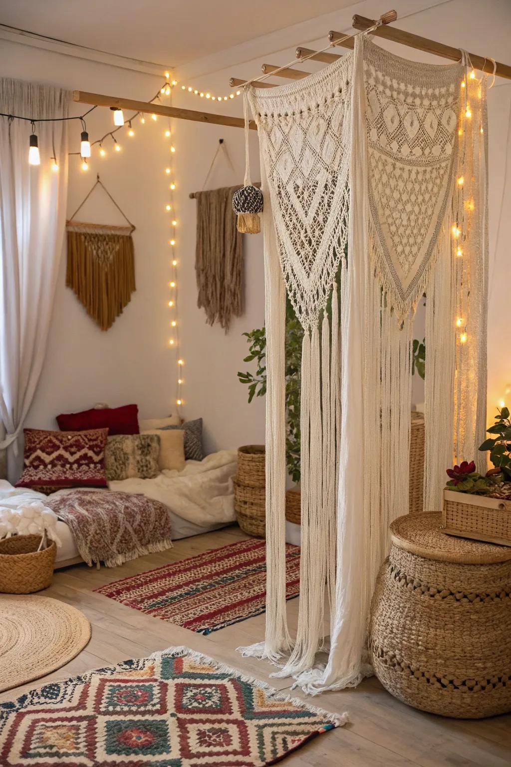 Macramé curtains create a relaxed, artistic atmosphere.
