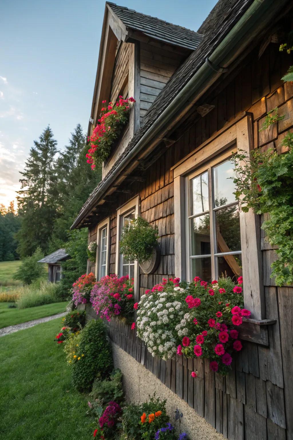 Window boxes add rustic charm and a splash of color.