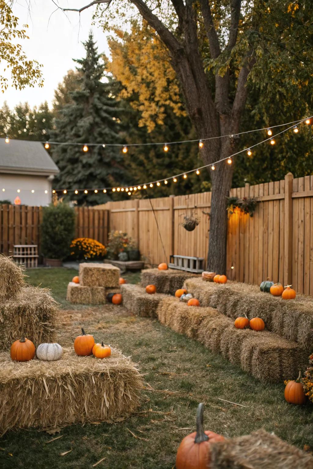 A playful pumpkin patch setup in the backyard.