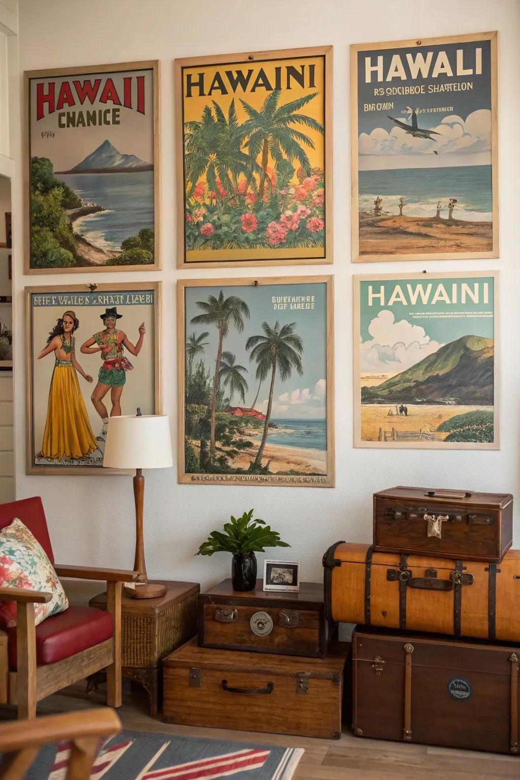 Vintage Hawaiian travel posters arranged in a retro-themed room.