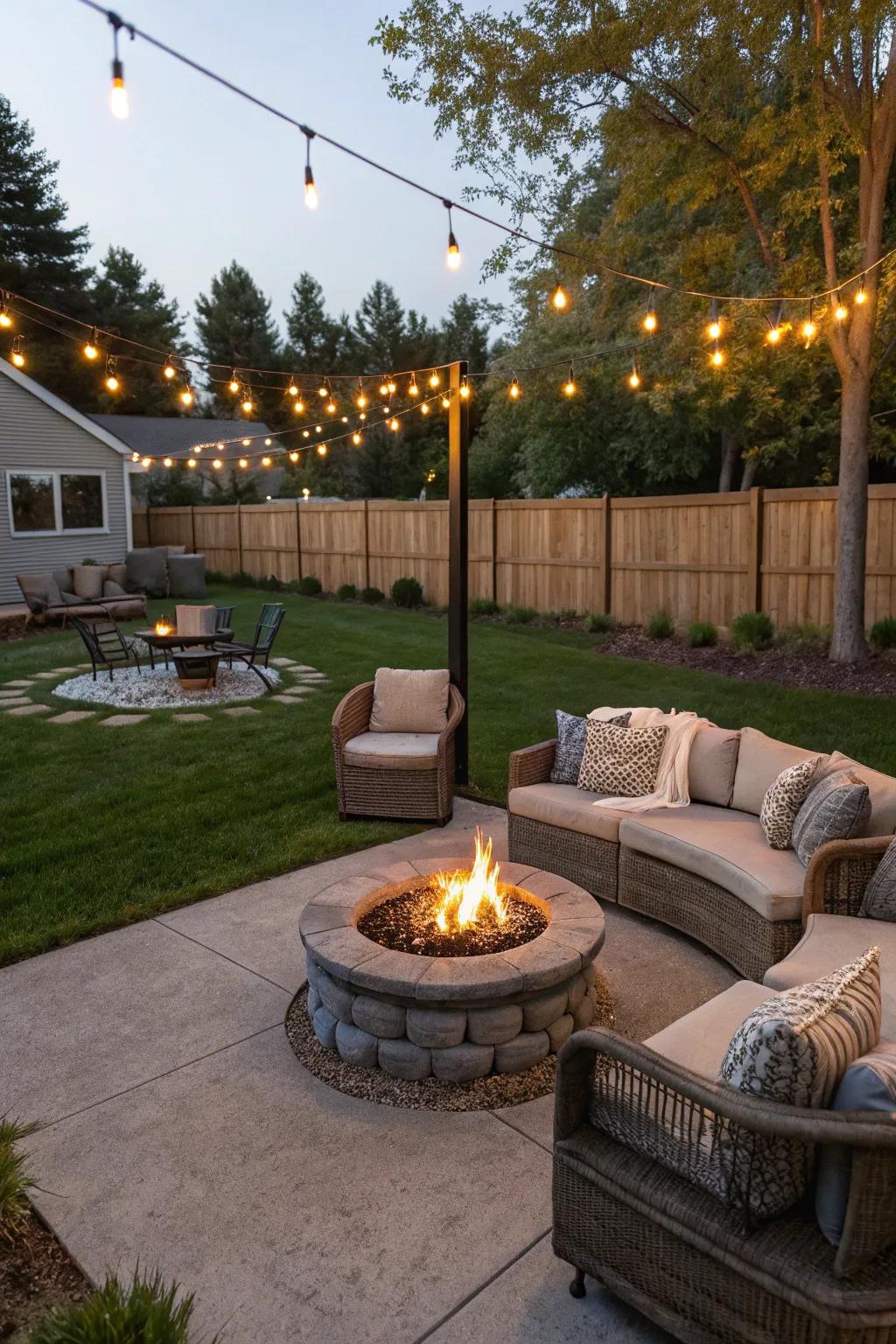 A backyard scene with a stylish fire pit, ideal for cozy outdoor gatherings.