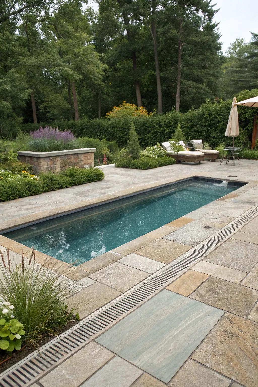 Natural stone pavers seamlessly integrating hidden drains.