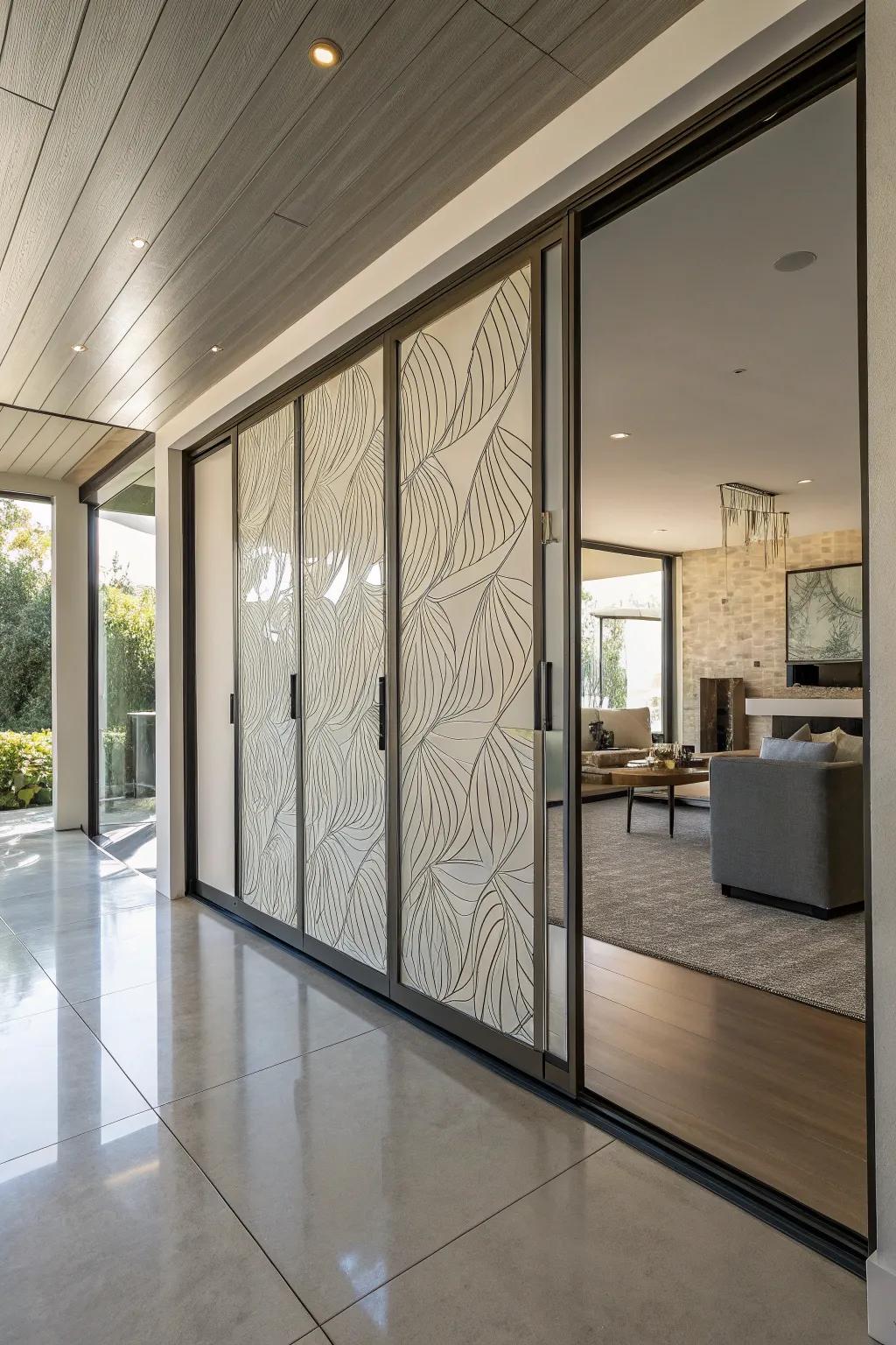 Textured panels add depth and character to hidden sliding doors.