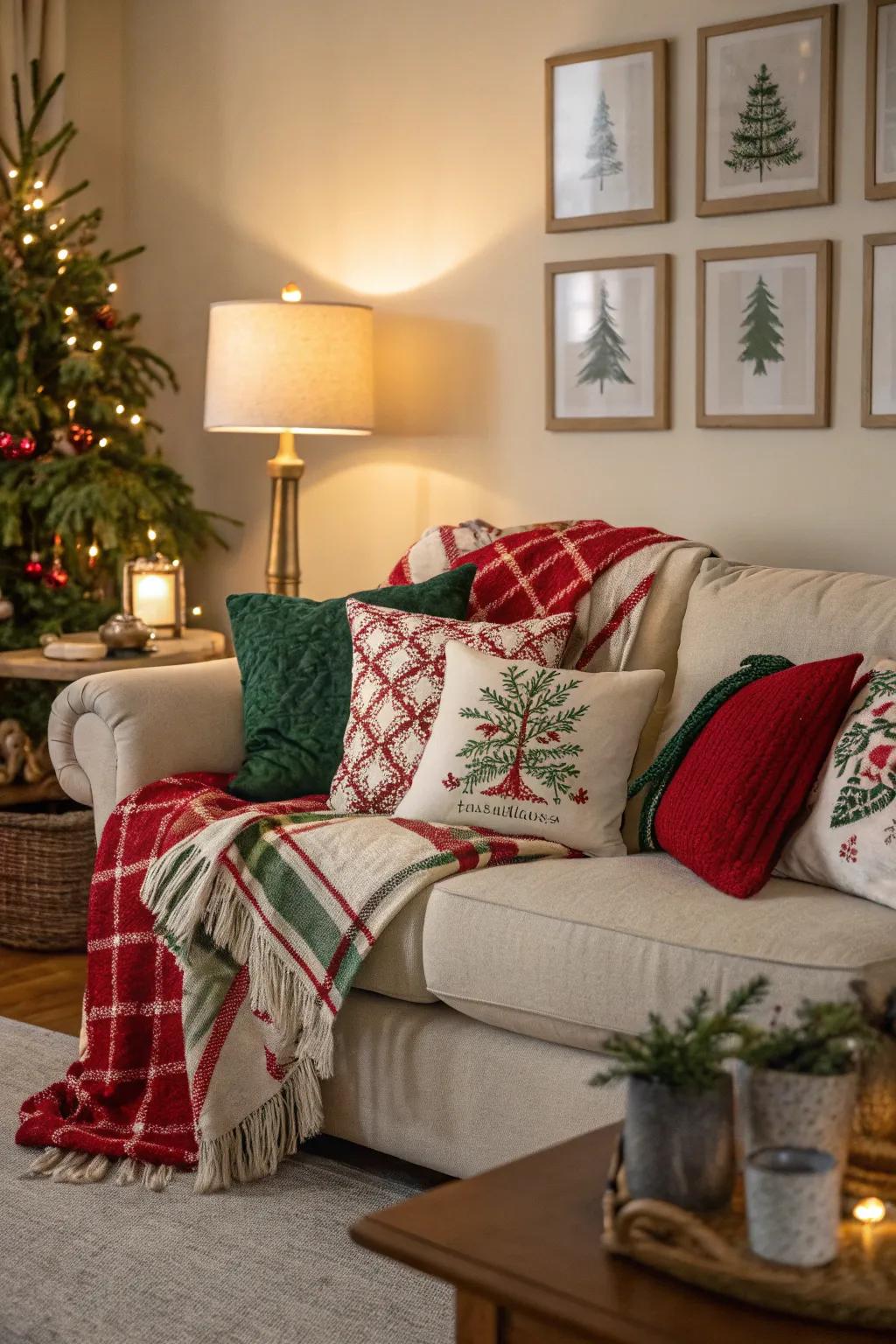 A cozy living room infused with holiday spirit through cushions and throws.