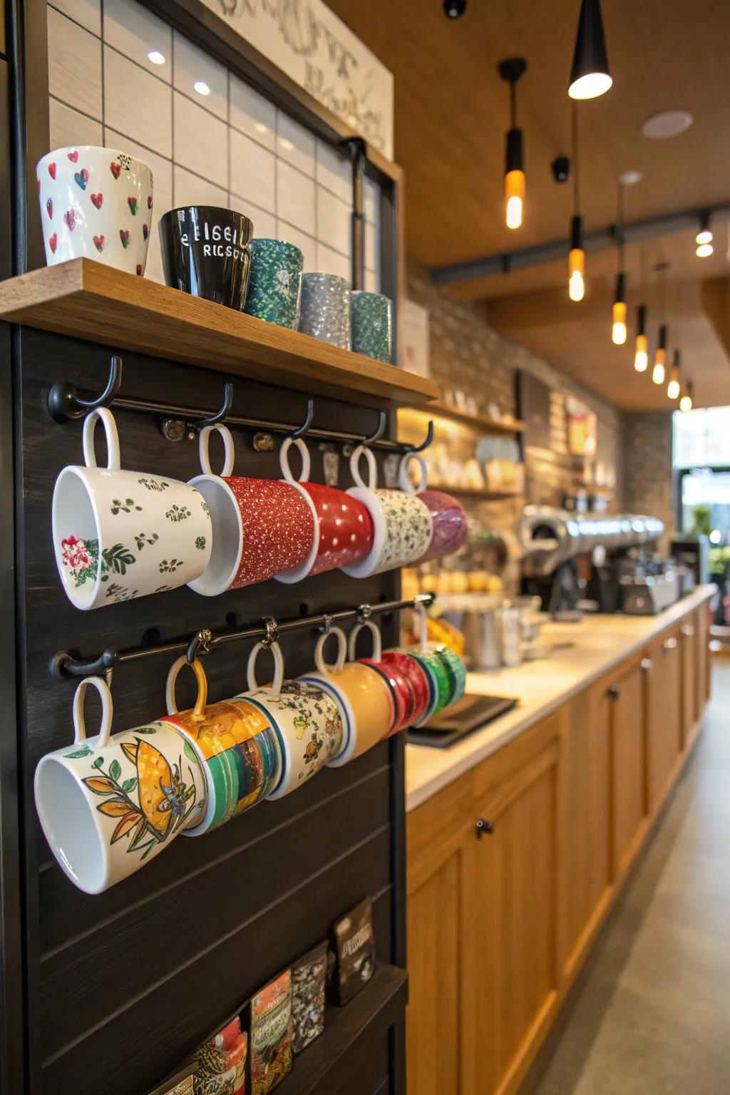 A mug display adds personality and charm to your coffee station.