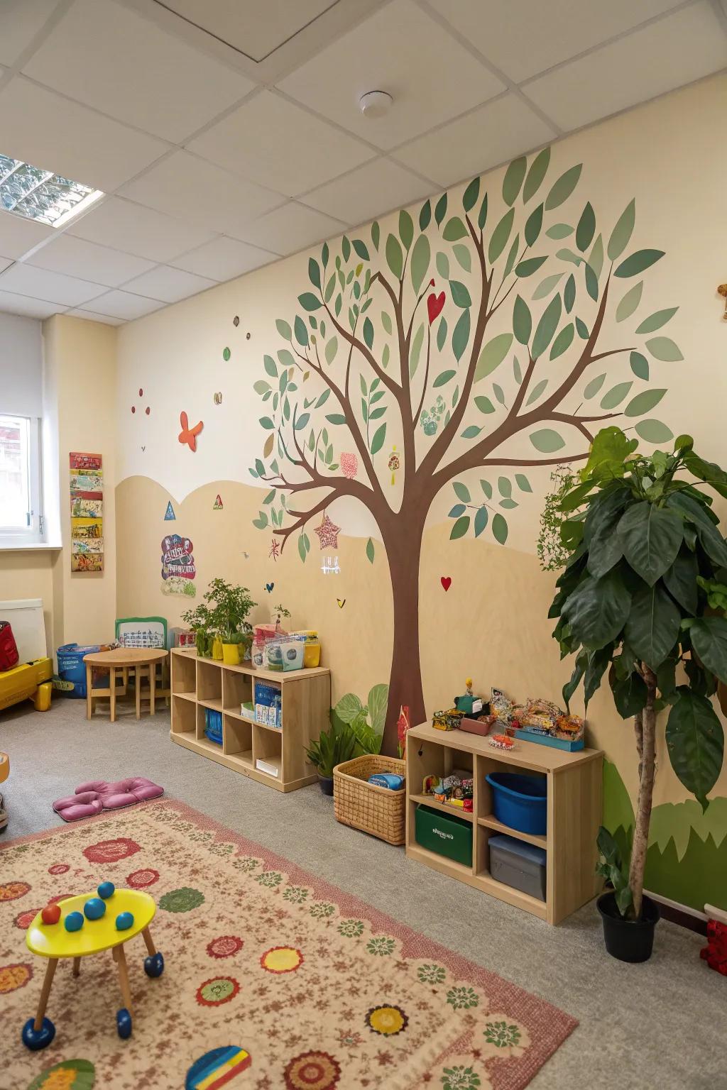 Bring the outdoors in with a nature-themed daycare room.