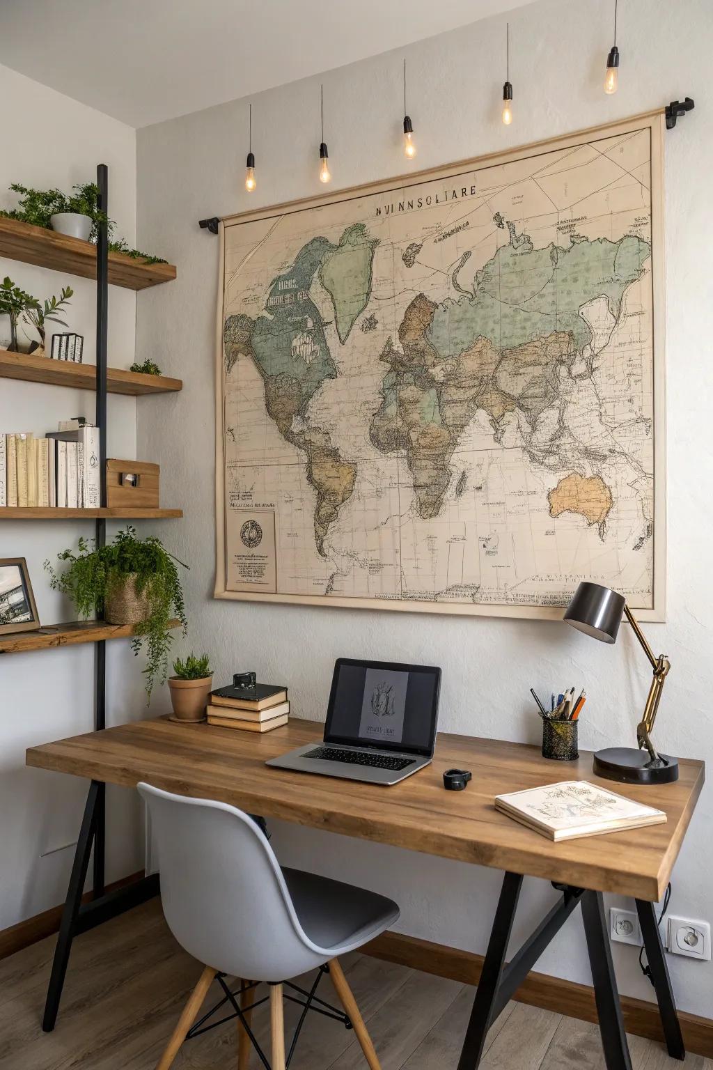 Maps and wall art create a visual centerpiece.