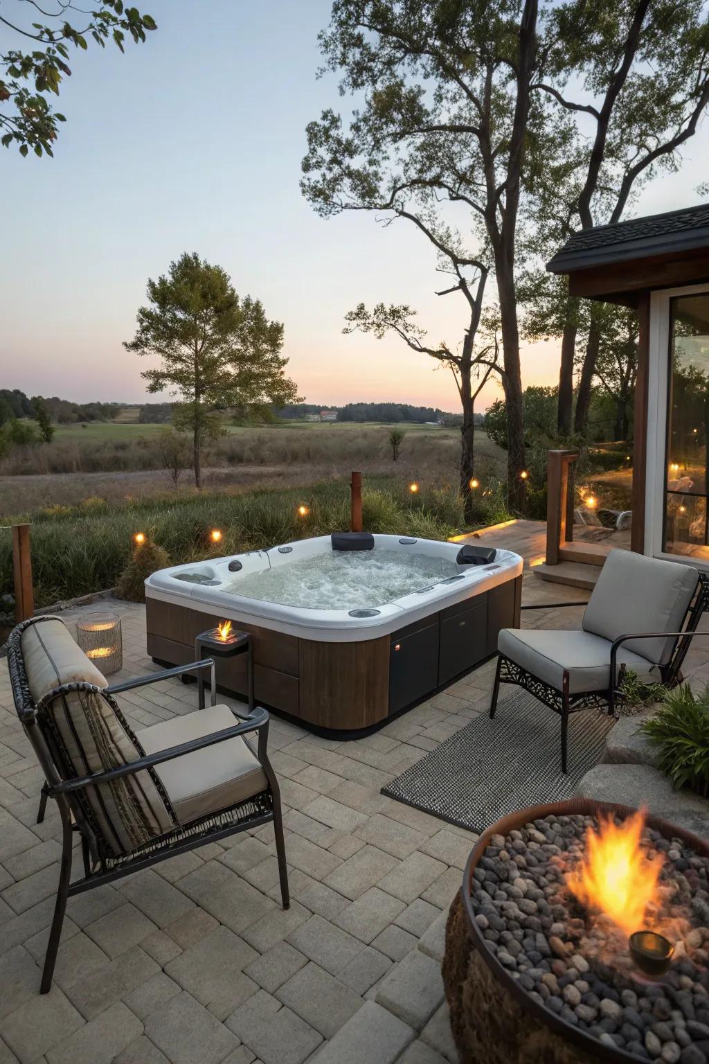 An outdoor living space with a hot tub and fire pit for socializing.