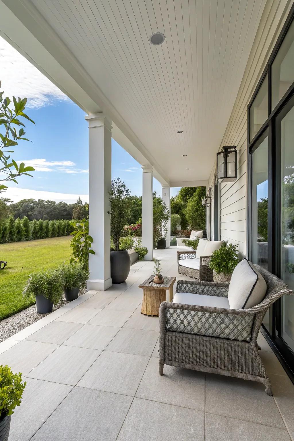 Minimalist decor brings elegance to this modern porch.