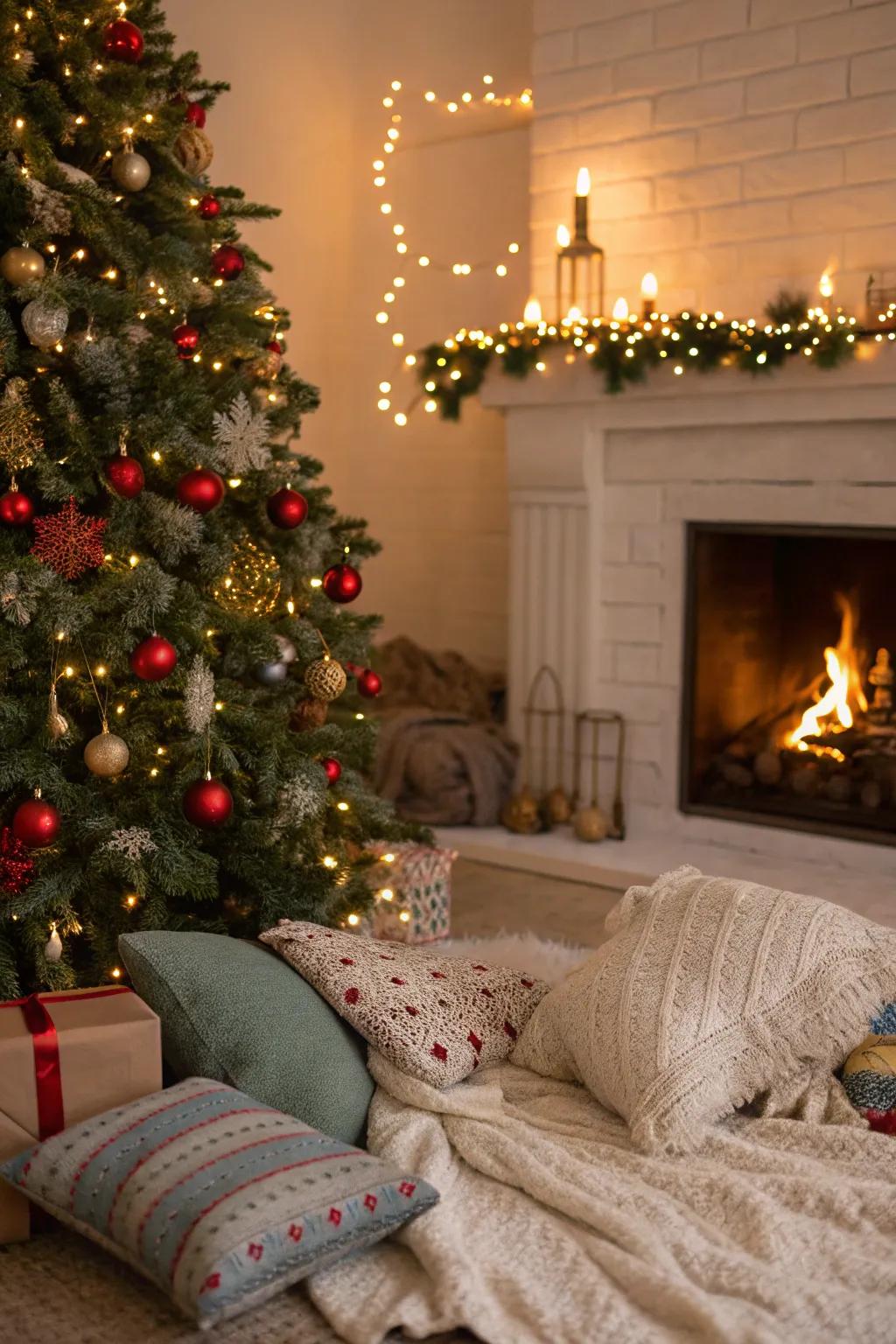 A cozy Christmas tree setup by the fireplace, perfect for warm holiday gatherings.